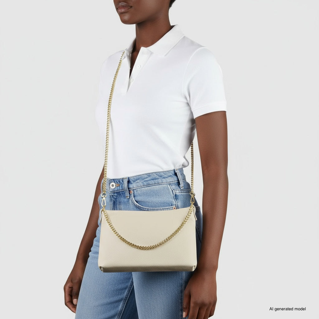 Italian Genuine Calf Leather Crossbody Bag with Gold Chain Strap