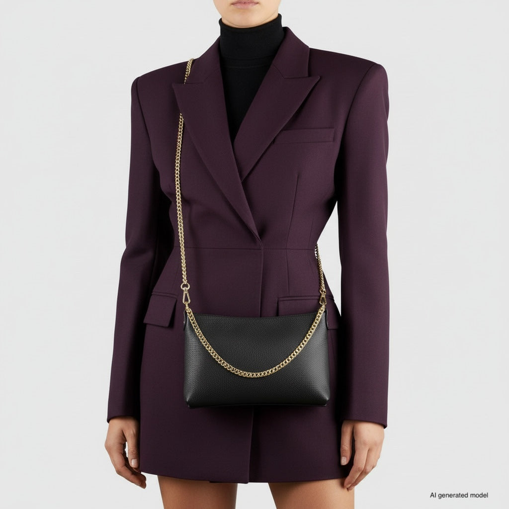Italian Genuine Calf Leather Crossbody Bag with Gold Chain Strap