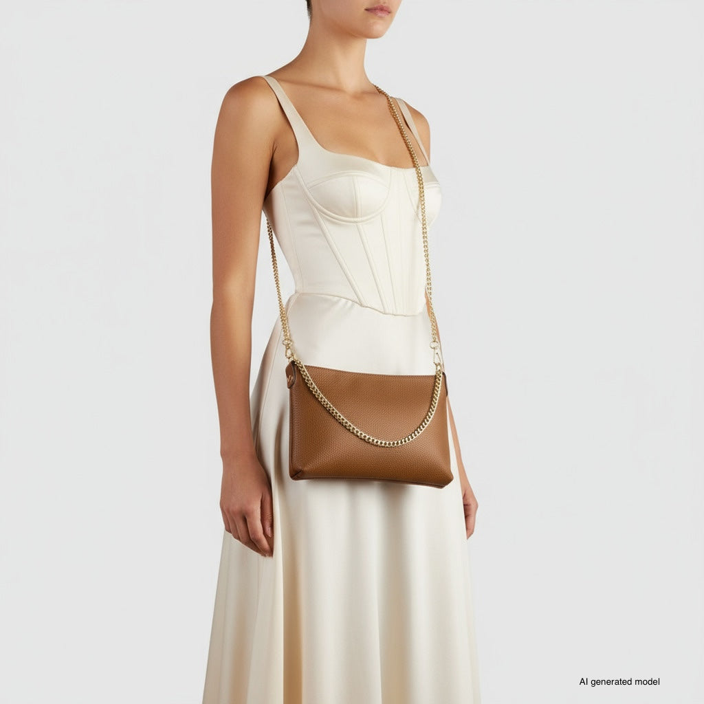 Italian Genuine Calf Leather Crossbody Bag with Gold Chain Strap