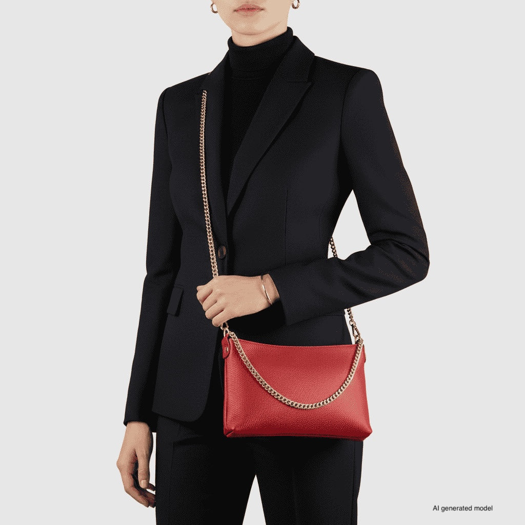 Italian Genuine Calf Leather Crossbody Bag with Gold Chain Strap