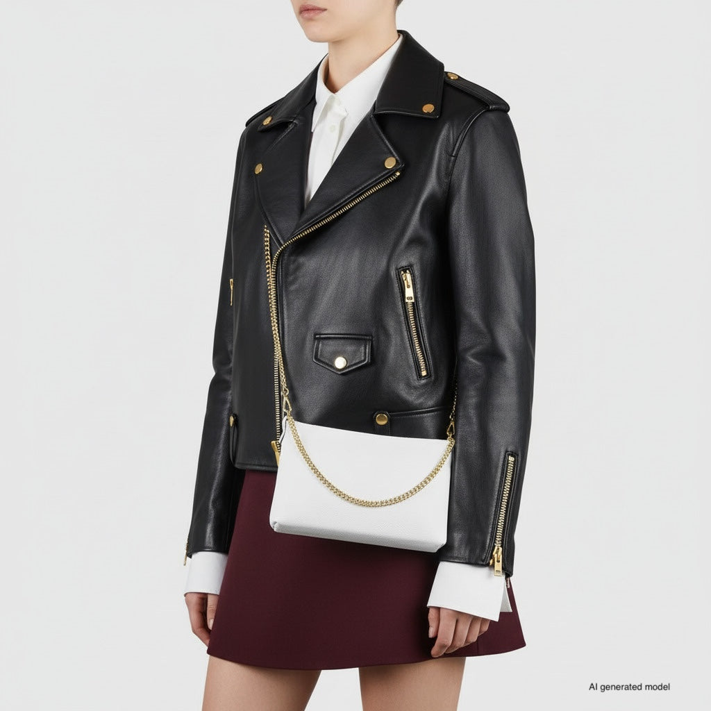 Italian Genuine Calf Leather Crossbody Bag with Gold Chain Strap