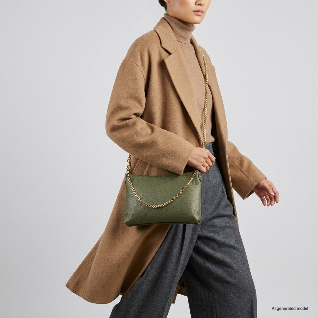 Italian Genuine Calf Leather Crossbody Bag with Gold Chain Strap