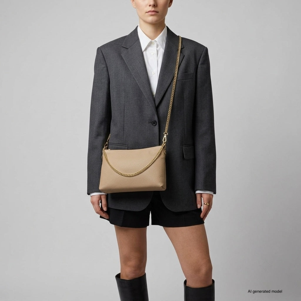 Italian Genuine Calf Leather Crossbody Bag with Gold Chain Strap