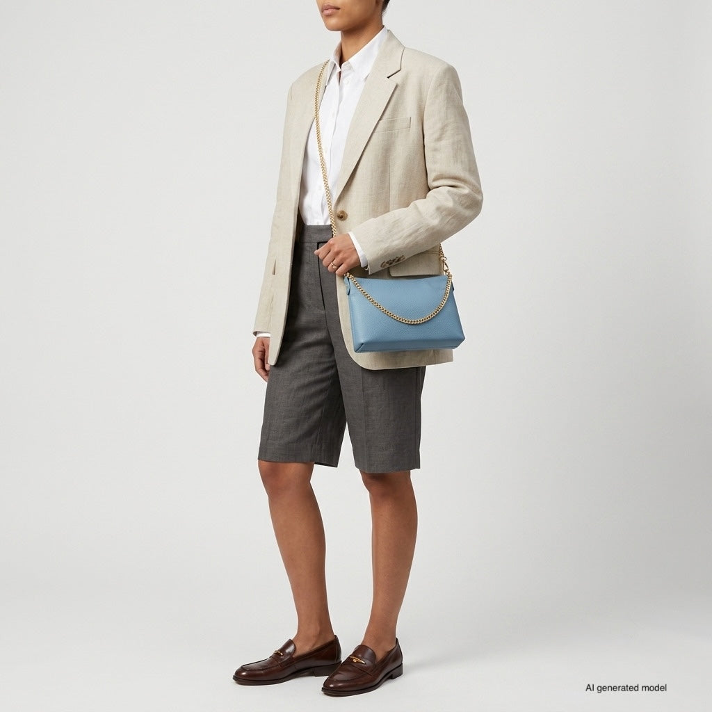 Italian Genuine Calf Leather Crossbody Bag with Gold Chain Strap