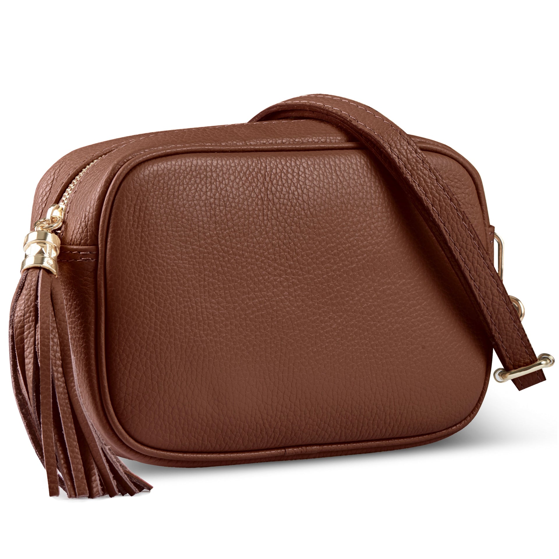 Structured horizontal pebbled calf leather crossbody bag with a tassel zipper.