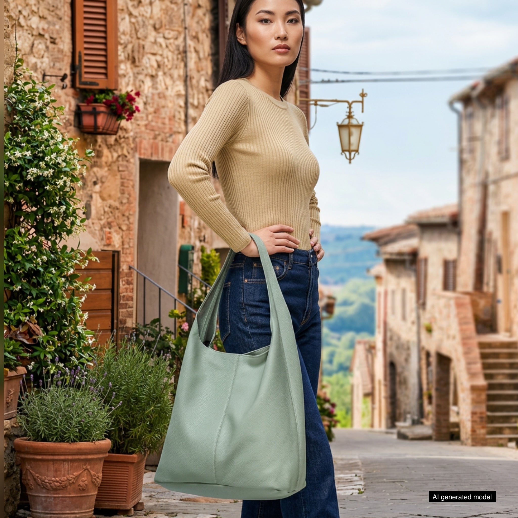Large Italian Genuine Calf Leather Hobo Shoulder Bag