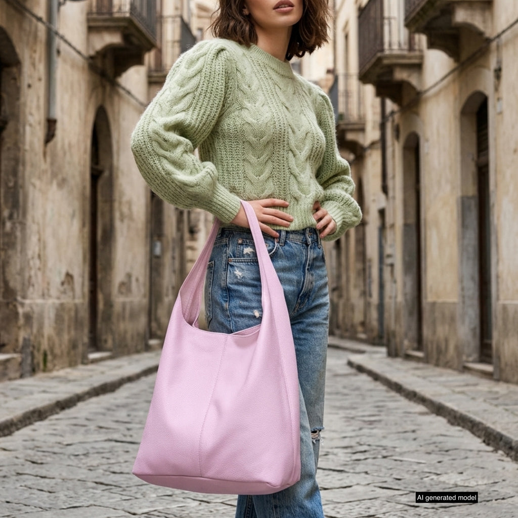 Large Italian Genuine Calf Leather Hobo Shoulder Bag