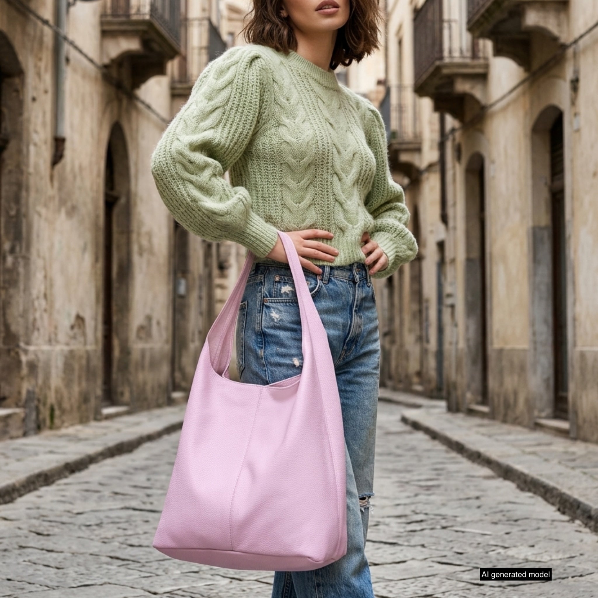 Large Italian Genuine Calf Leather Hobo Shoulder Bag