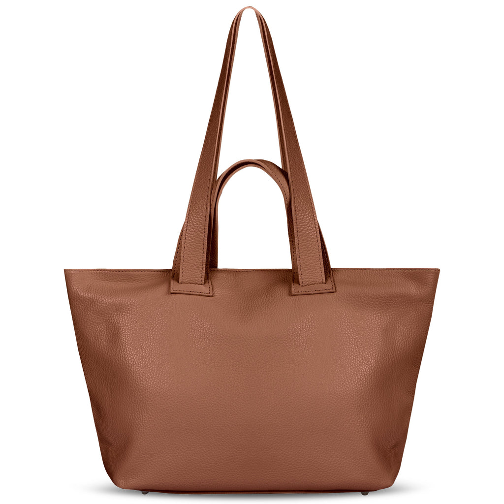 Minimalist Italian calf leather trapezoid tote bag with double handles and metal feet