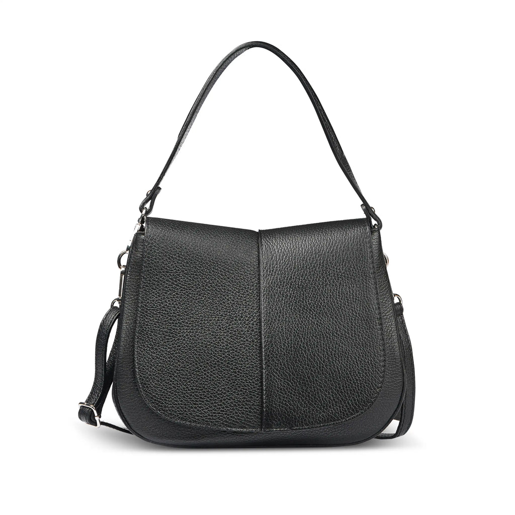 Structured Italian calf leather shoulder bag with top handle and magnetic flap.