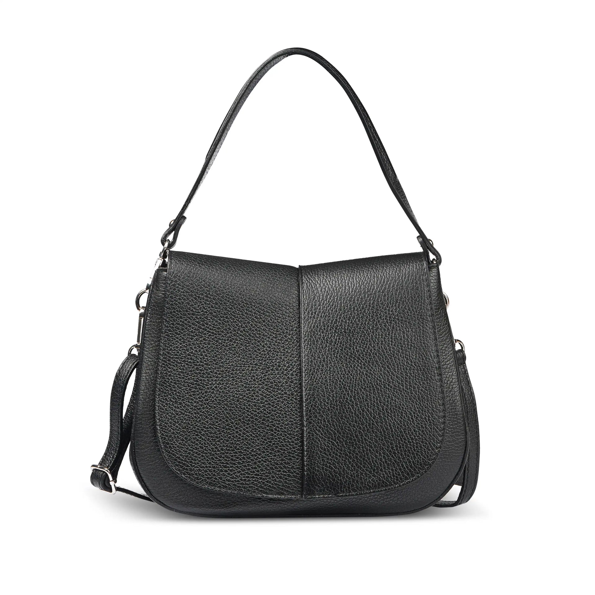 Structured Italian calf leather shoulder bag with top handle and magnetic flap.