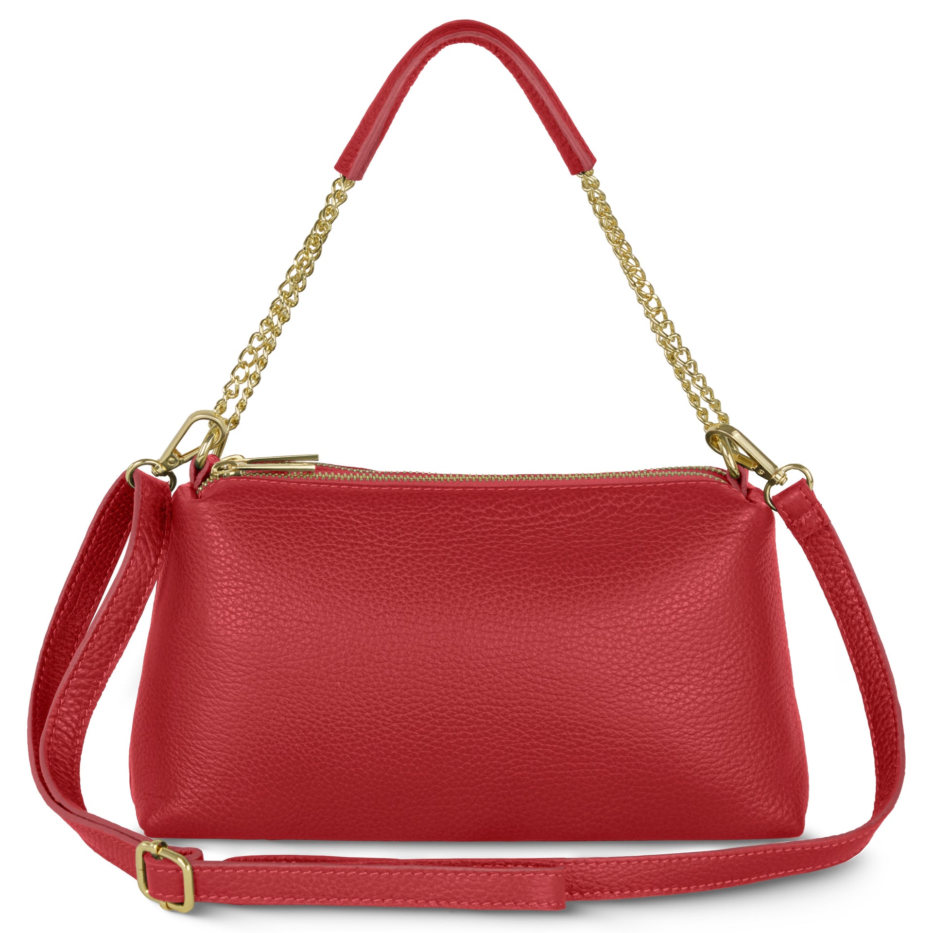 Medium Italian leather crossbody bag in solid color with chain handle and detachable strap.