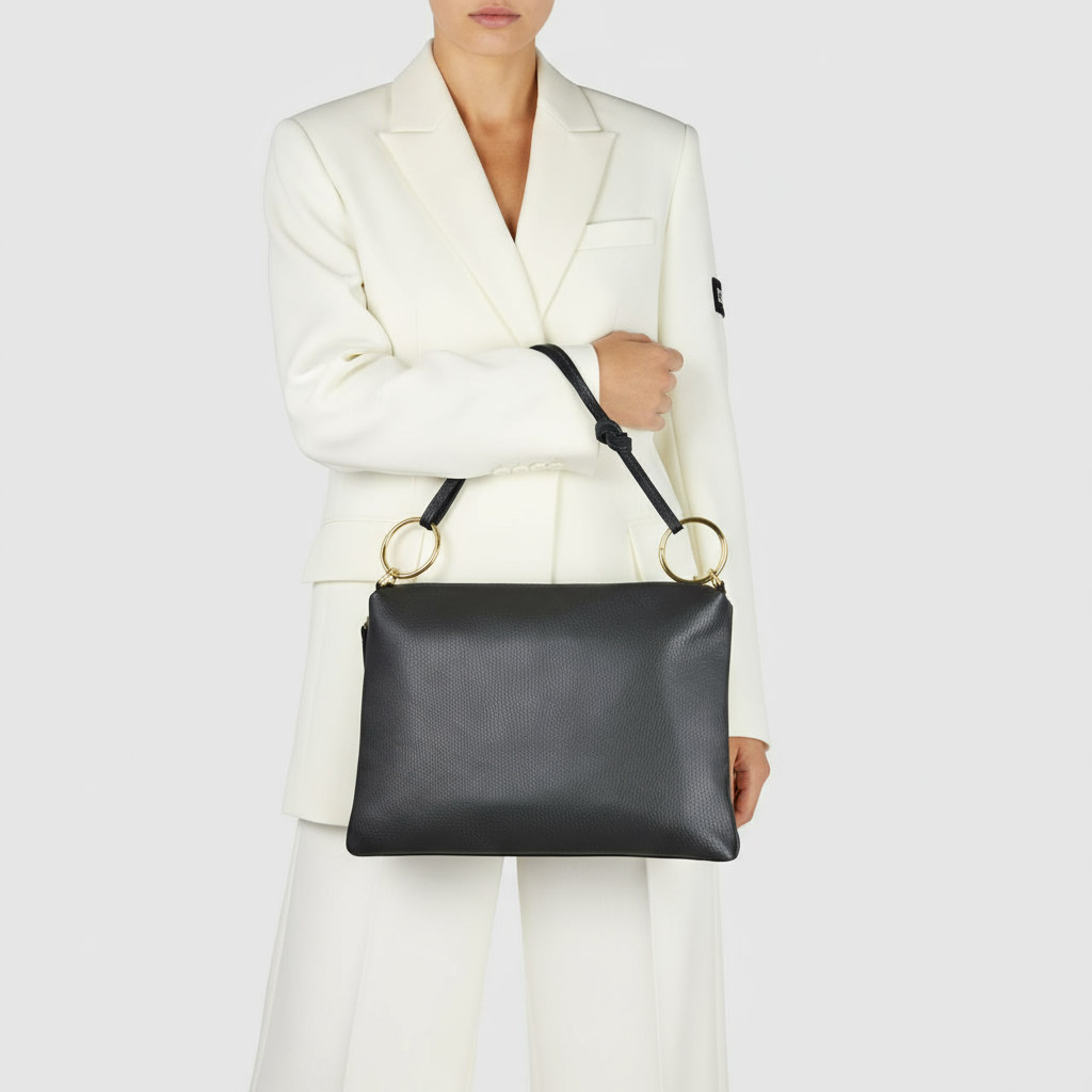 Italian Genuine Calf Leather Shoulder Bag with Knotted Handle