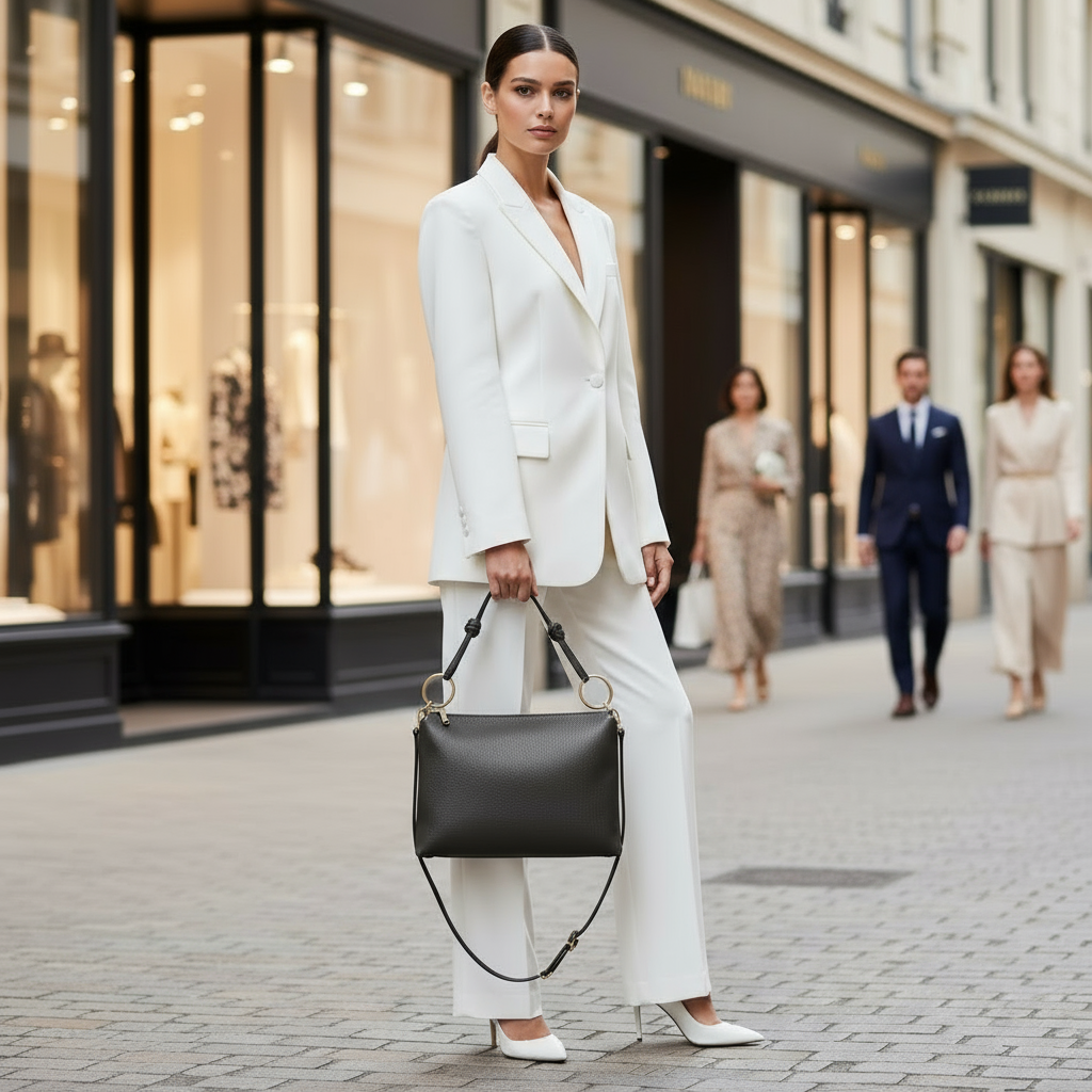 Italian Genuine Calf Leather Shoulder Bag with Knotted Handle