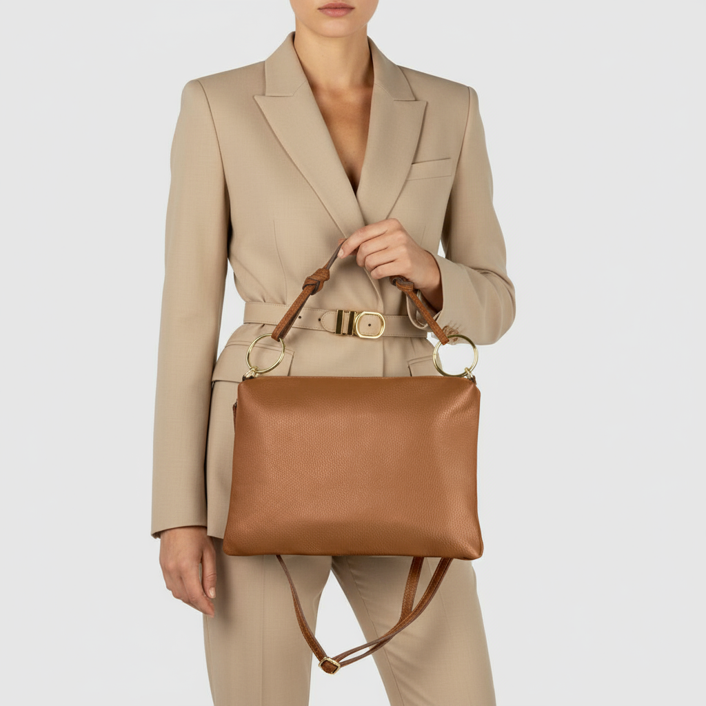 Italian Genuine Calf Leather Shoulder Bag with Knotted Handle