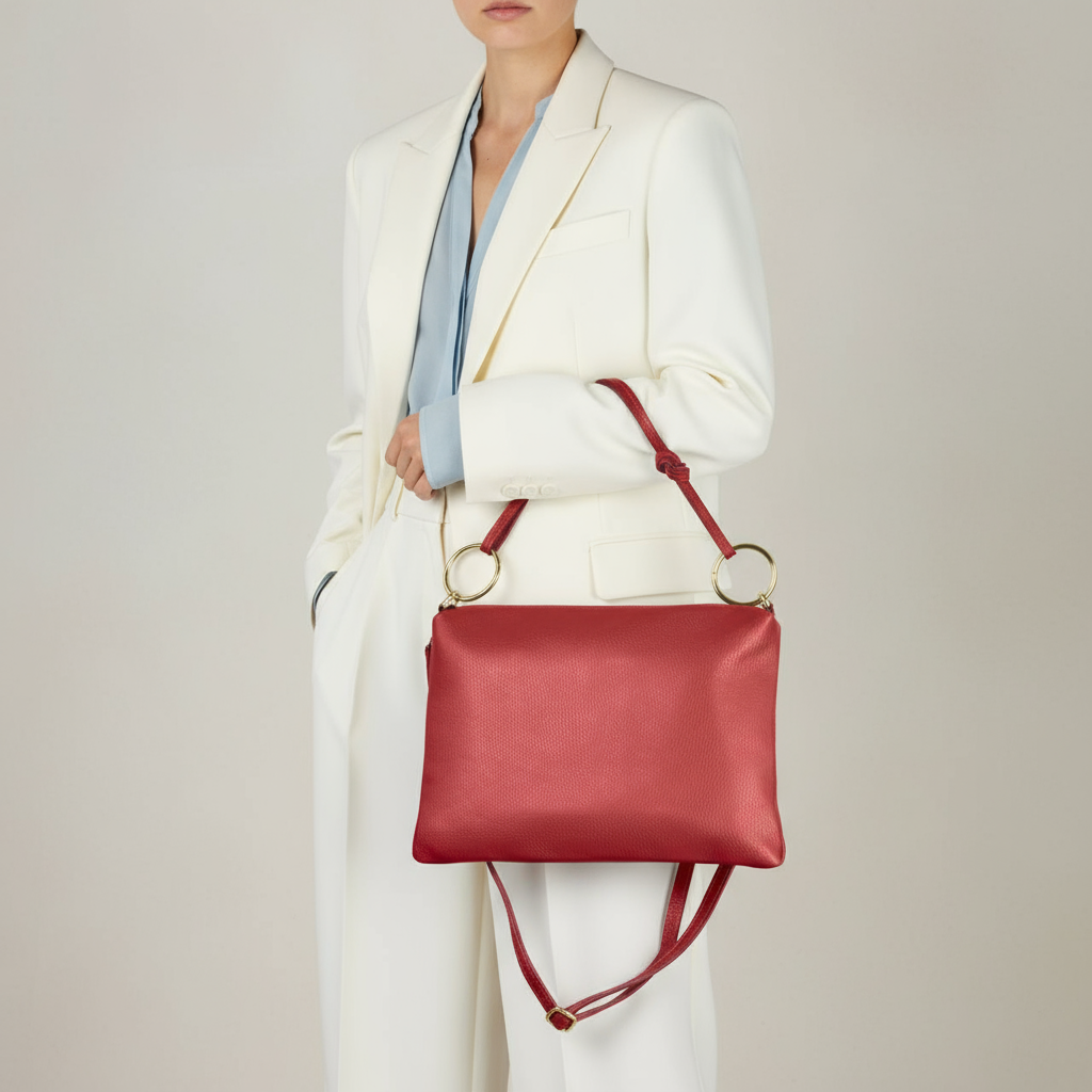 Italian Genuine Calf Leather Shoulder Bag with Knotted Handle