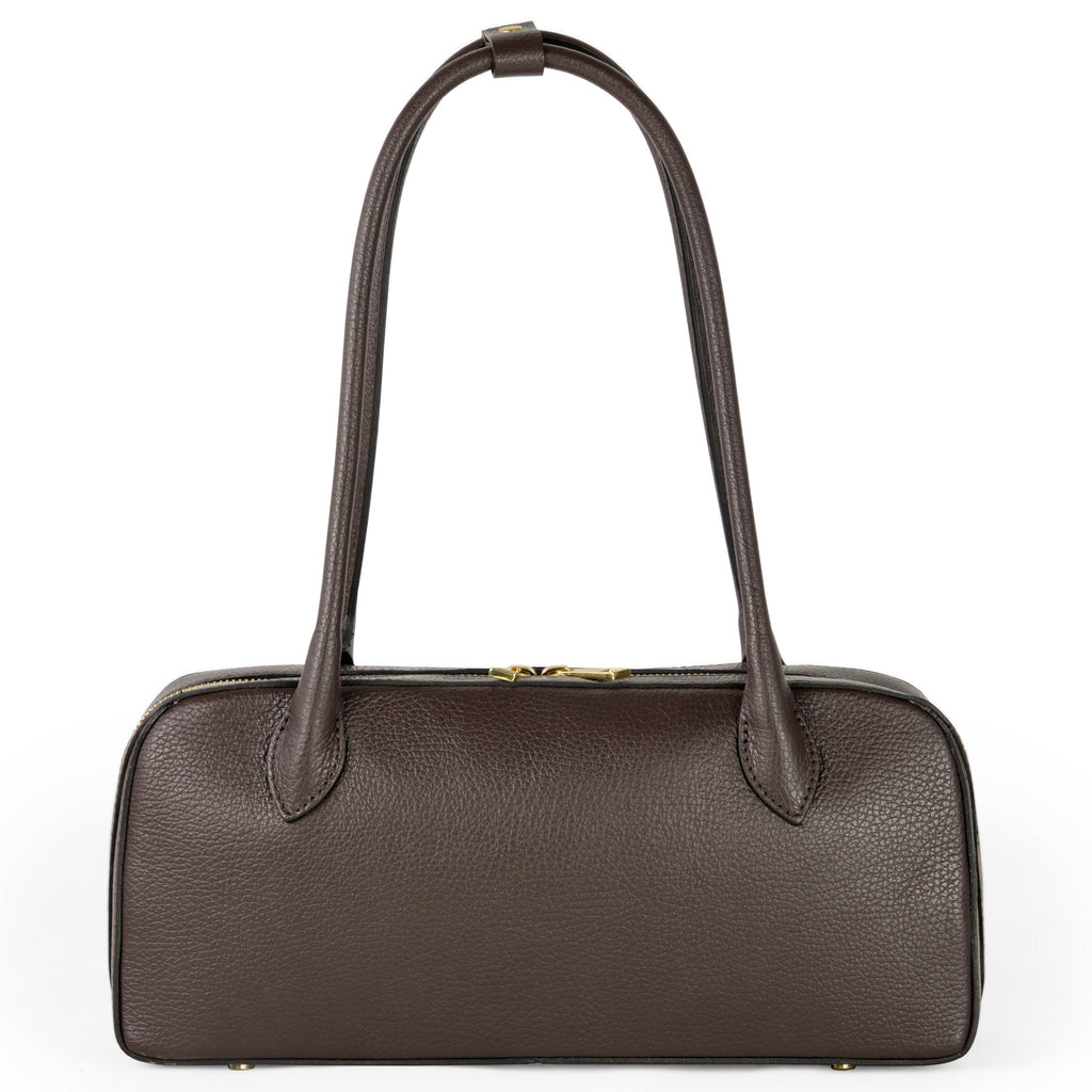 Small Italian genuine calf leather shoulder bag in brown with double top handles