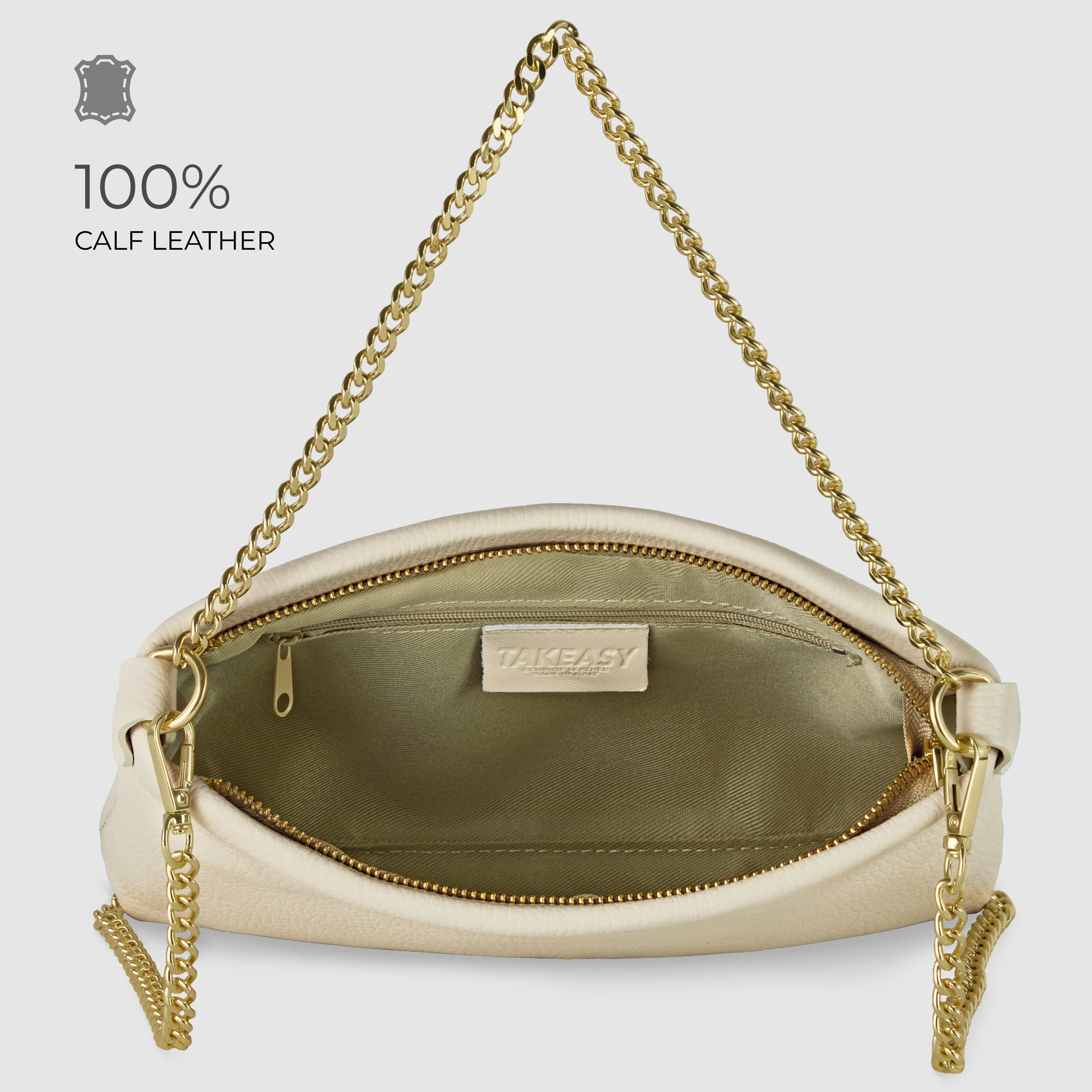 Italian Genuine Calf Leather Crossbody Bag with Gold Chain Strap