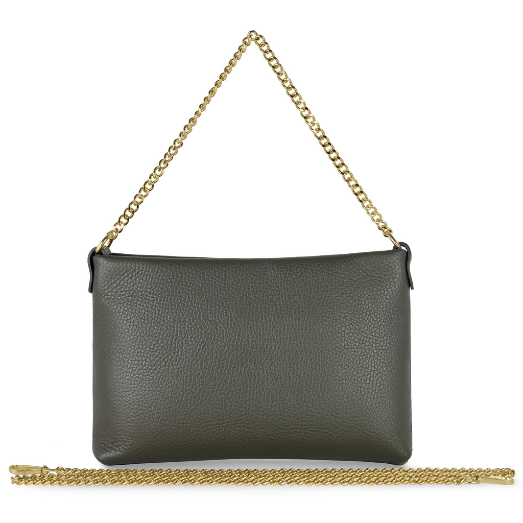 Italian genuine calf leather crossbody bag in black with gold chain strap