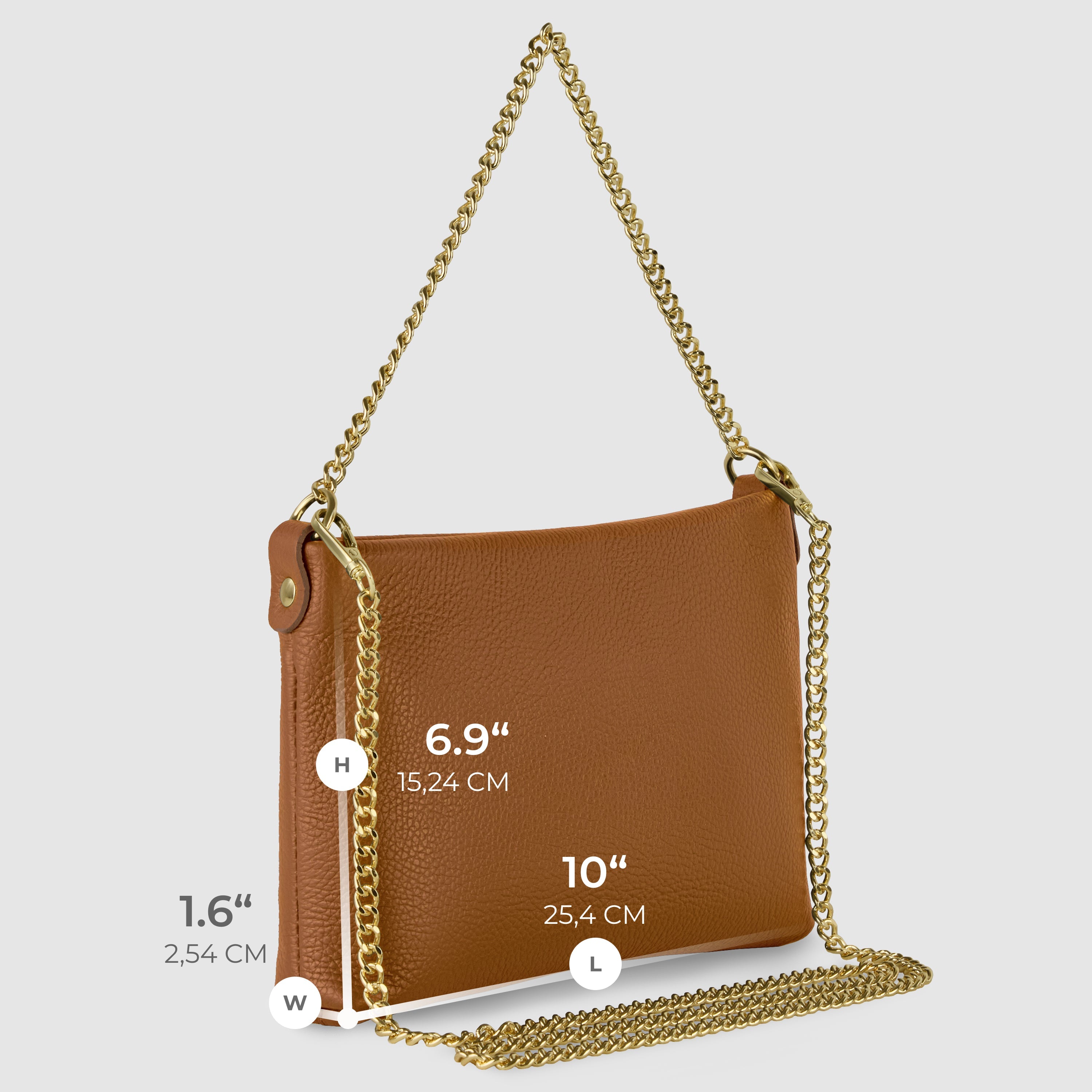 Italian Genuine Calf Leather Crossbody Bag with Gold Chain Strap
