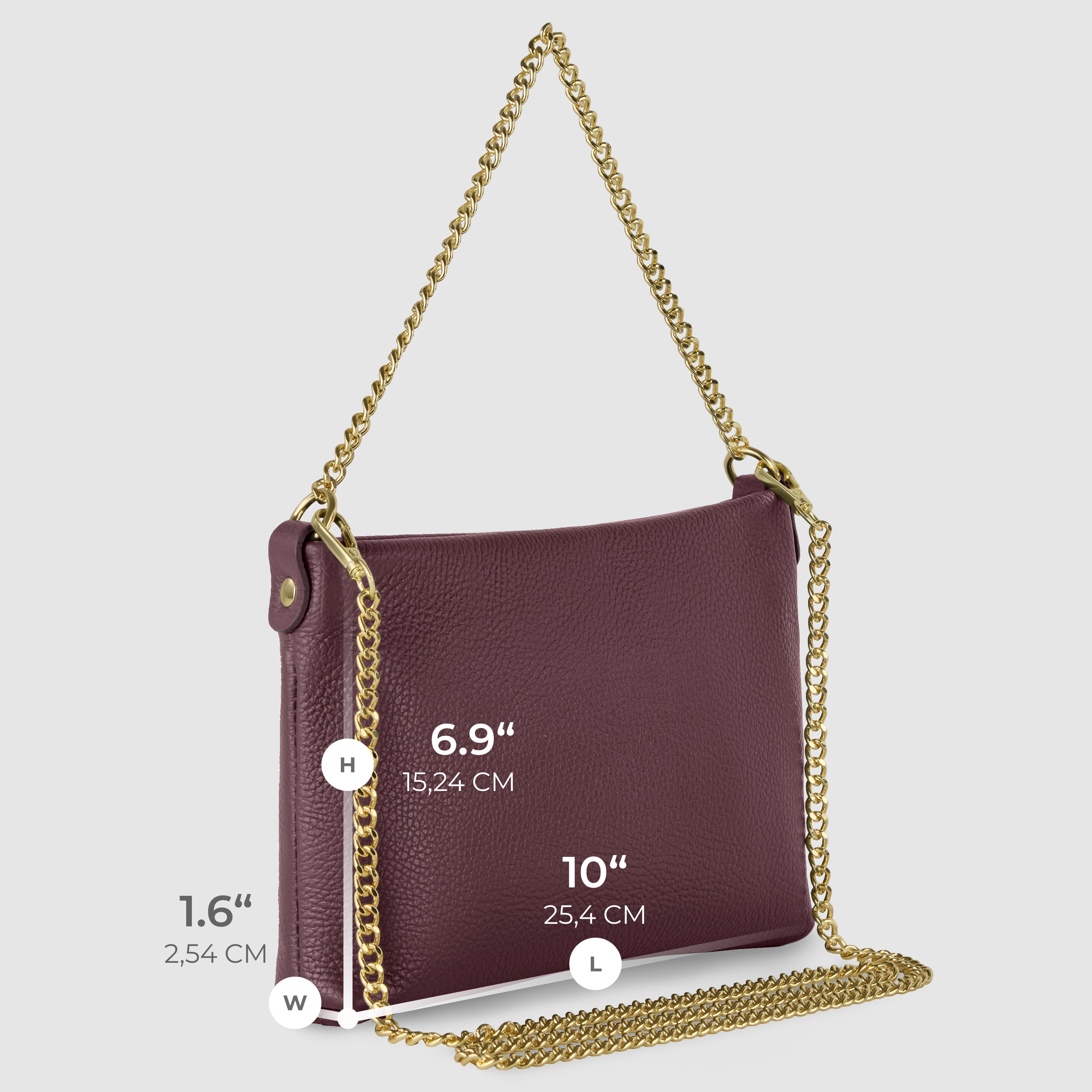 Italian Genuine Calf Leather Crossbody Bag with Gold Chain Strap