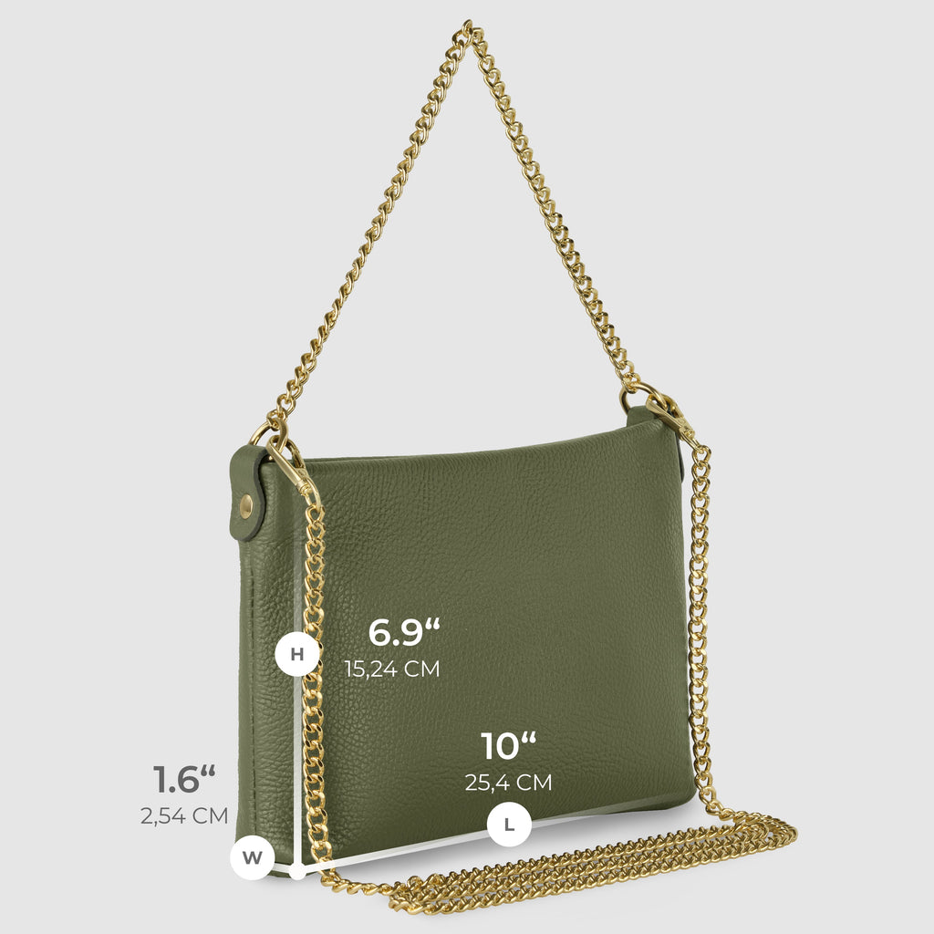 Italian Genuine Calf Leather Crossbody Bag with Gold Chain Strap