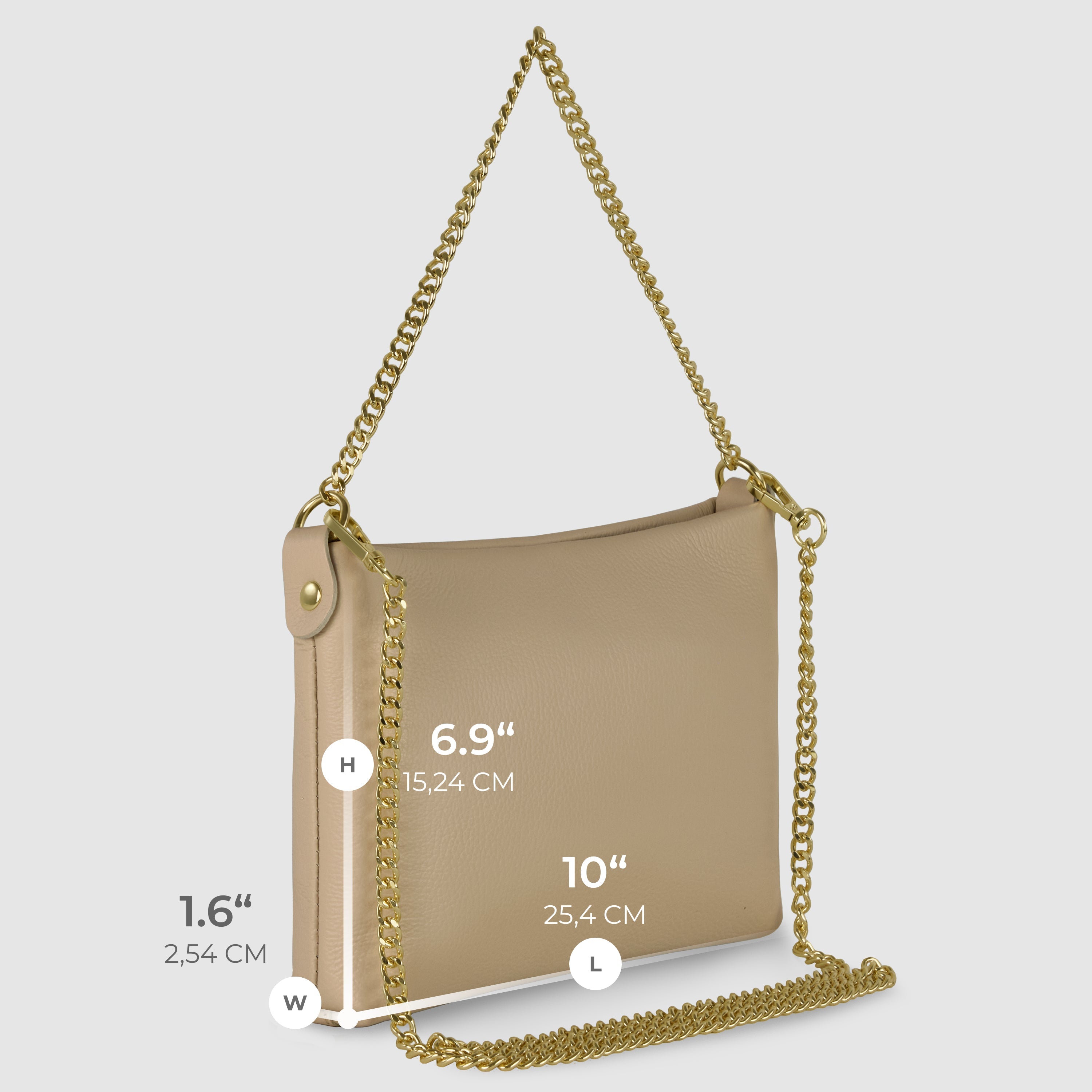 Italian Genuine Calf Leather Crossbody Bag with Gold Chain Strap