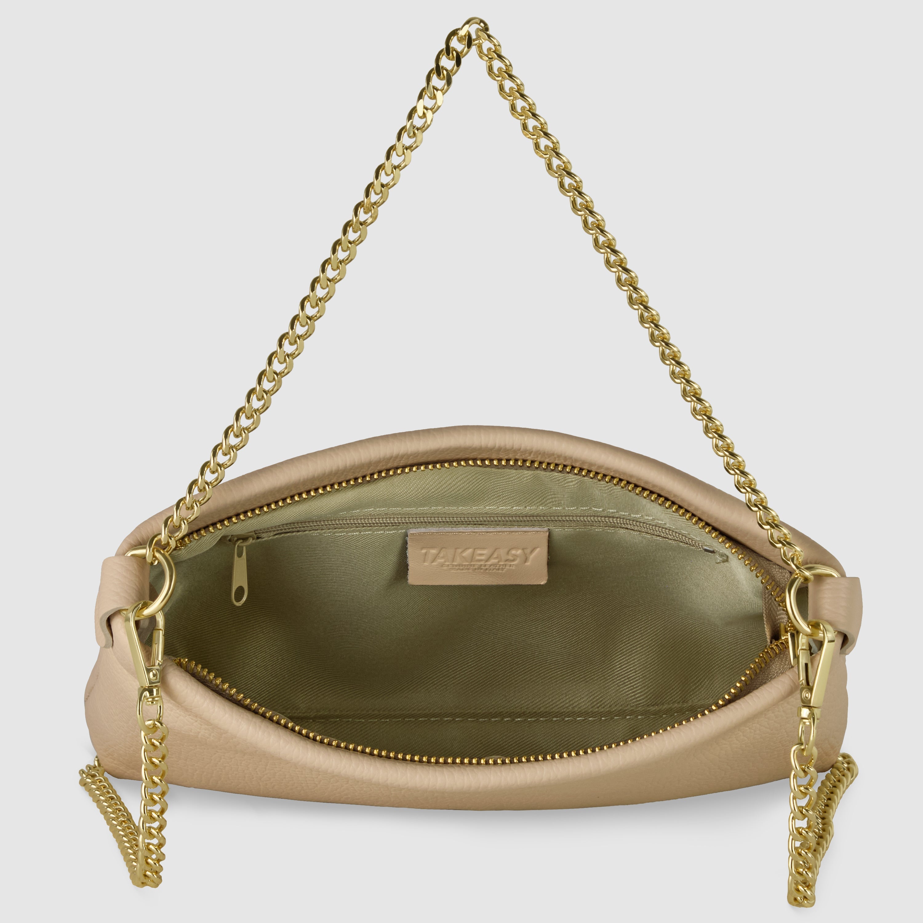Italian Genuine Calf Leather Crossbody Bag with Gold Chain Strap