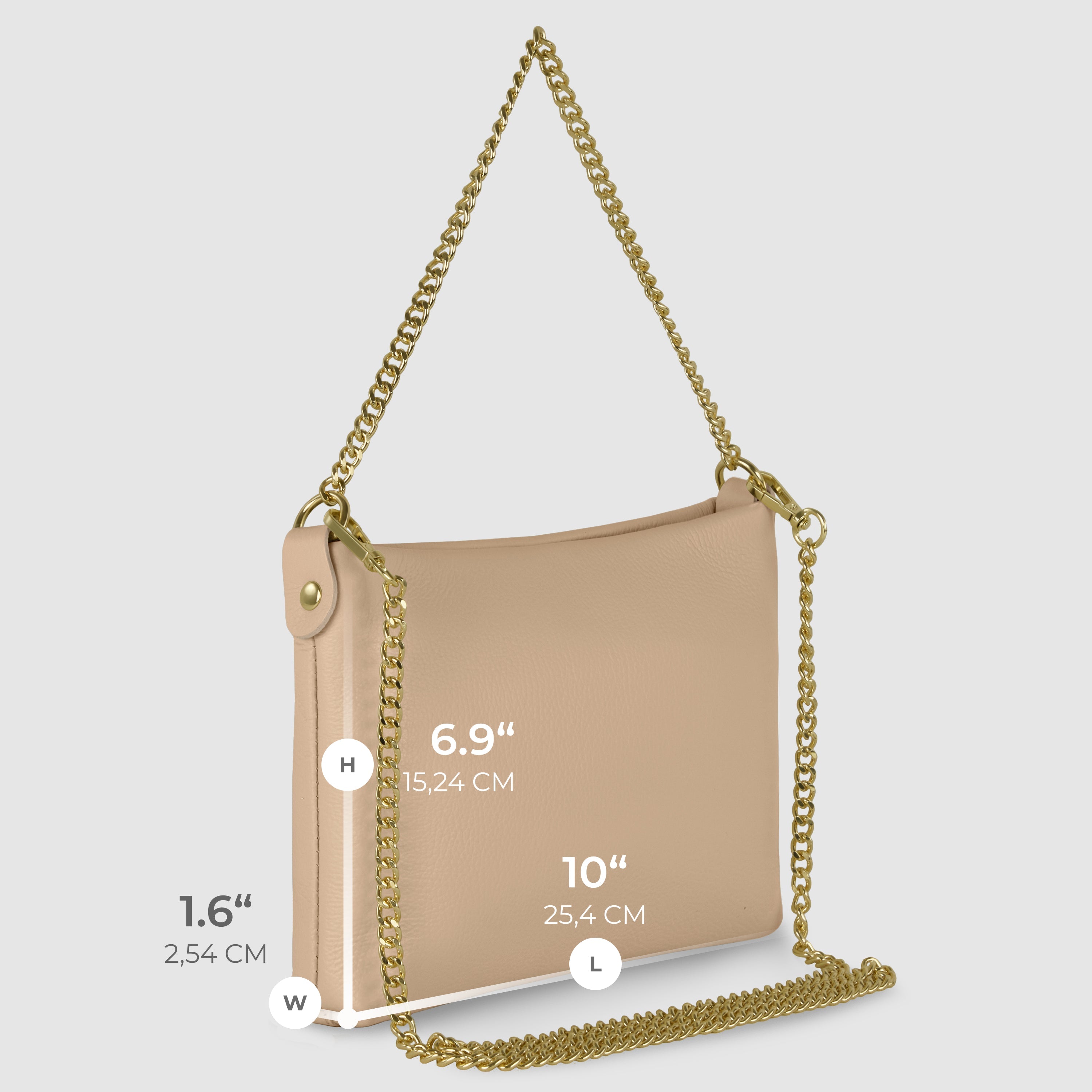 Italian Genuine Calf Leather Crossbody Bag with Gold Chain Strap