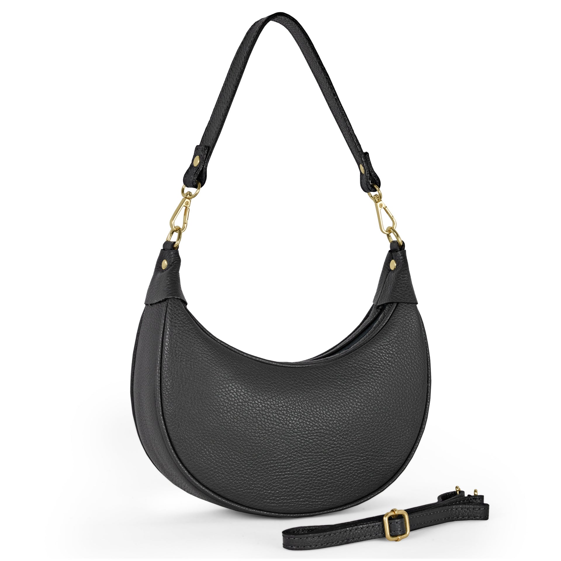 Crescent-shaped genuine Italian calf leather shoulder bag with adjustable strap