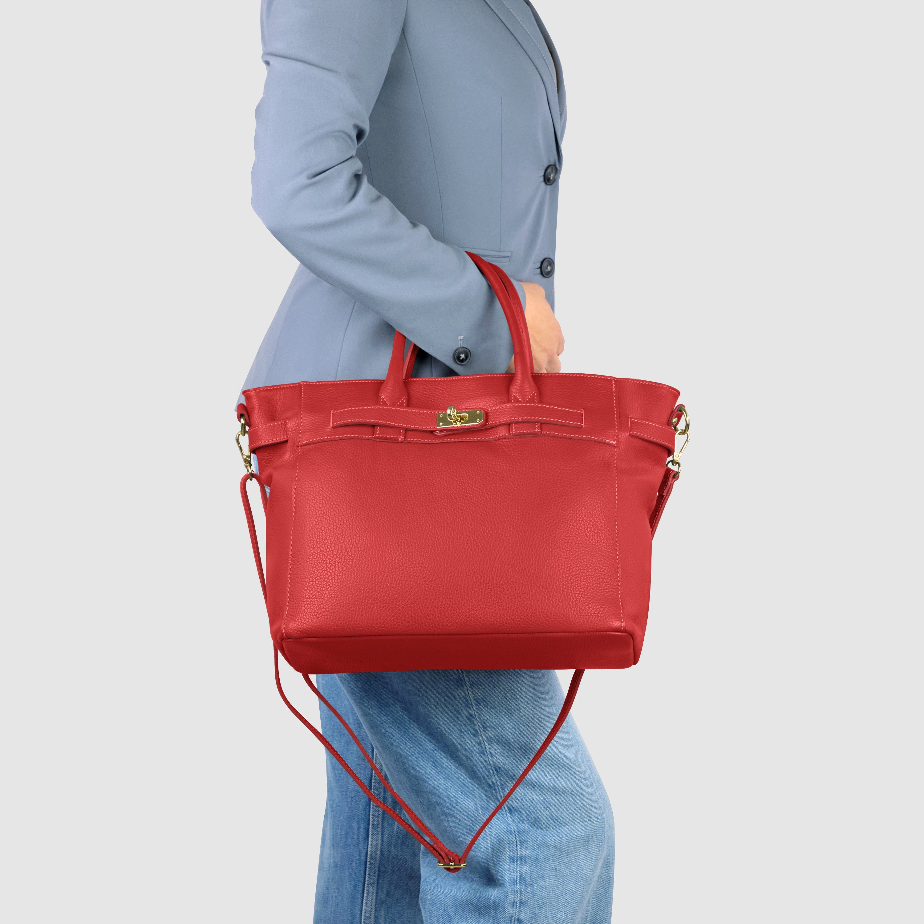 Italian Genuine Calf Leather Top-Handle Bag with Crossbody Strap
