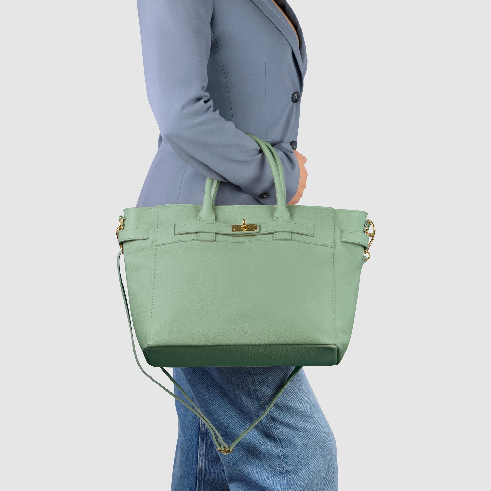 Italian Genuine Calf Leather Top-Handle Bag with Crossbody Strap