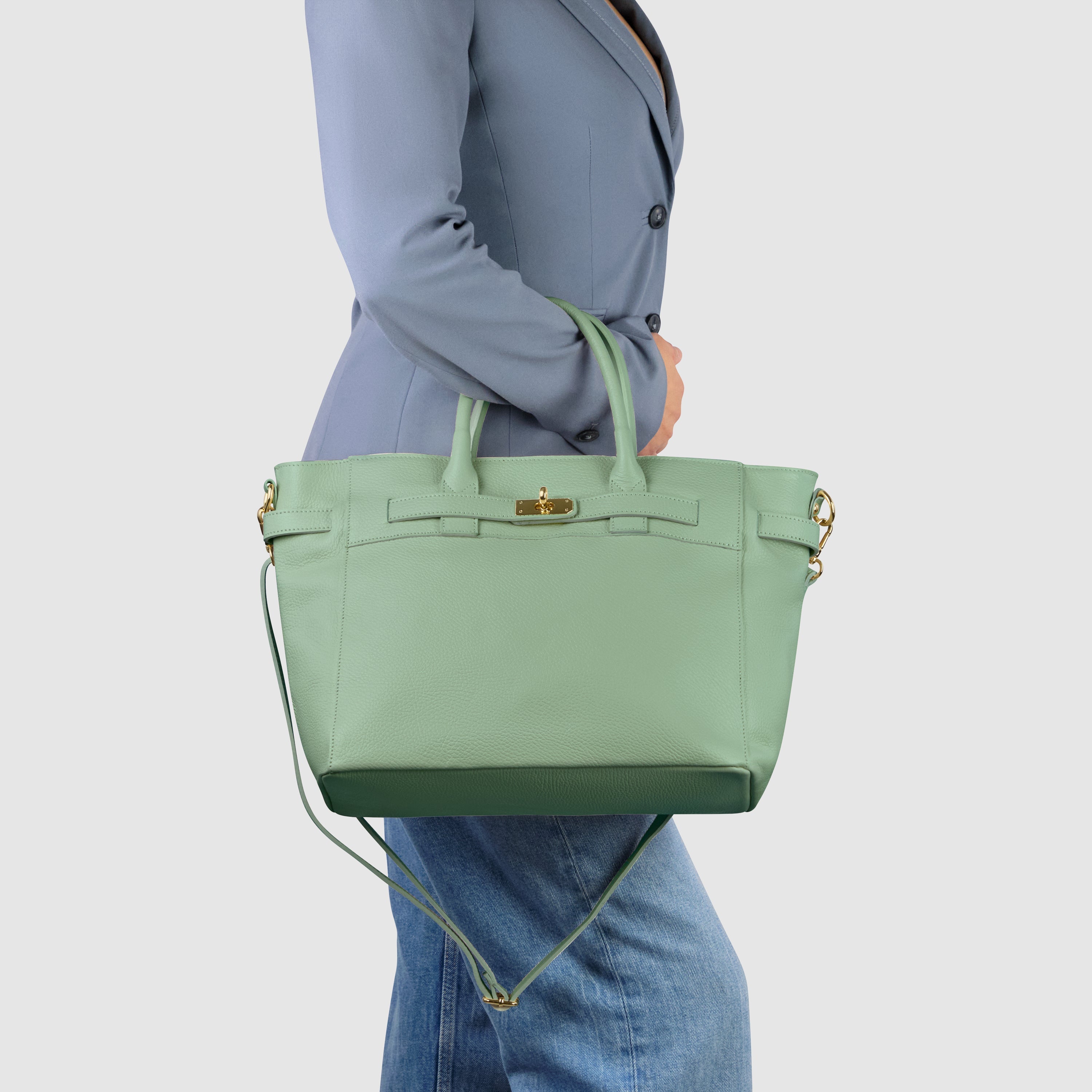 Italian Genuine Calf Leather Top-Handle Bag with Crossbody Strap