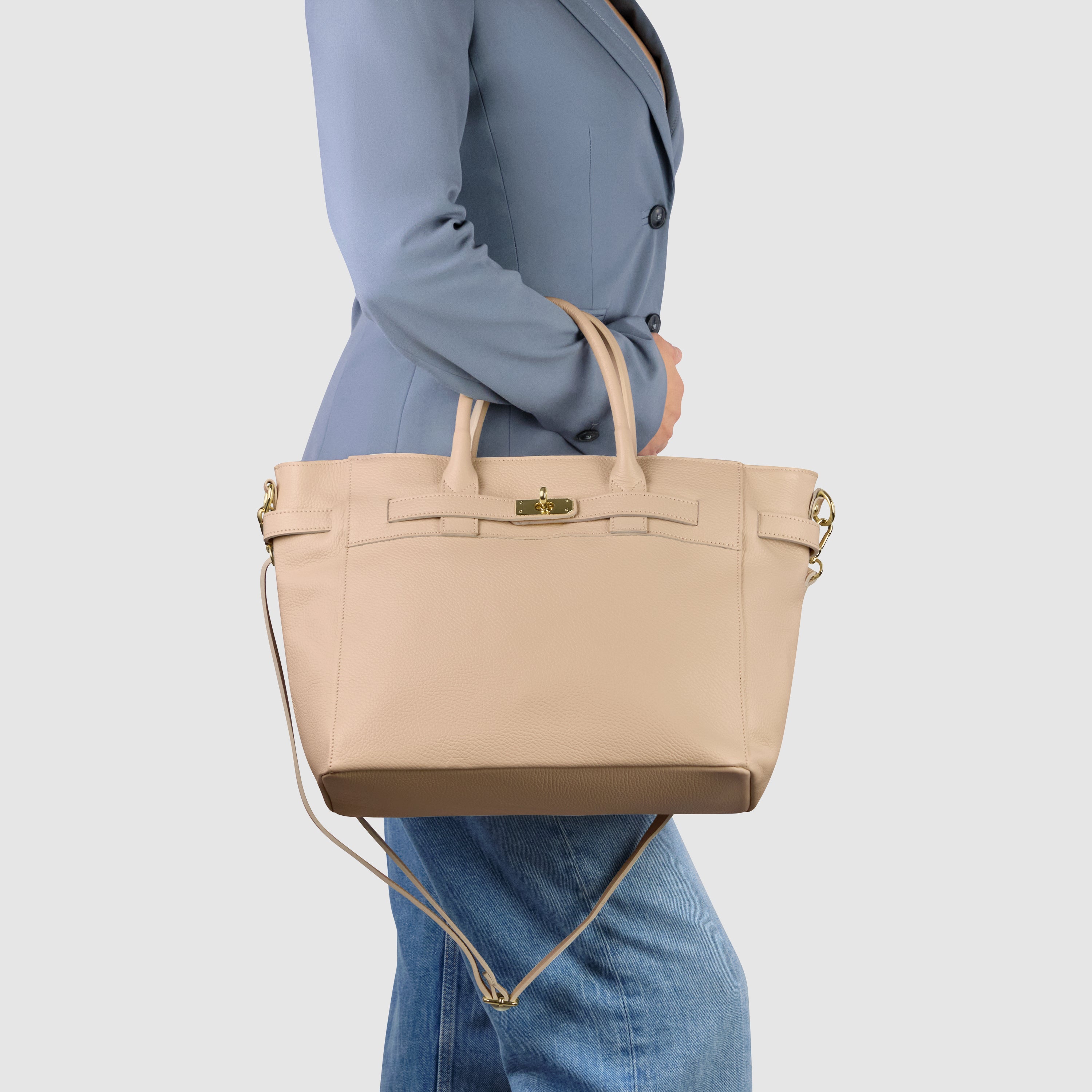 Italian Genuine Calf Leather Top-Handle Bag with Crossbody Strap
