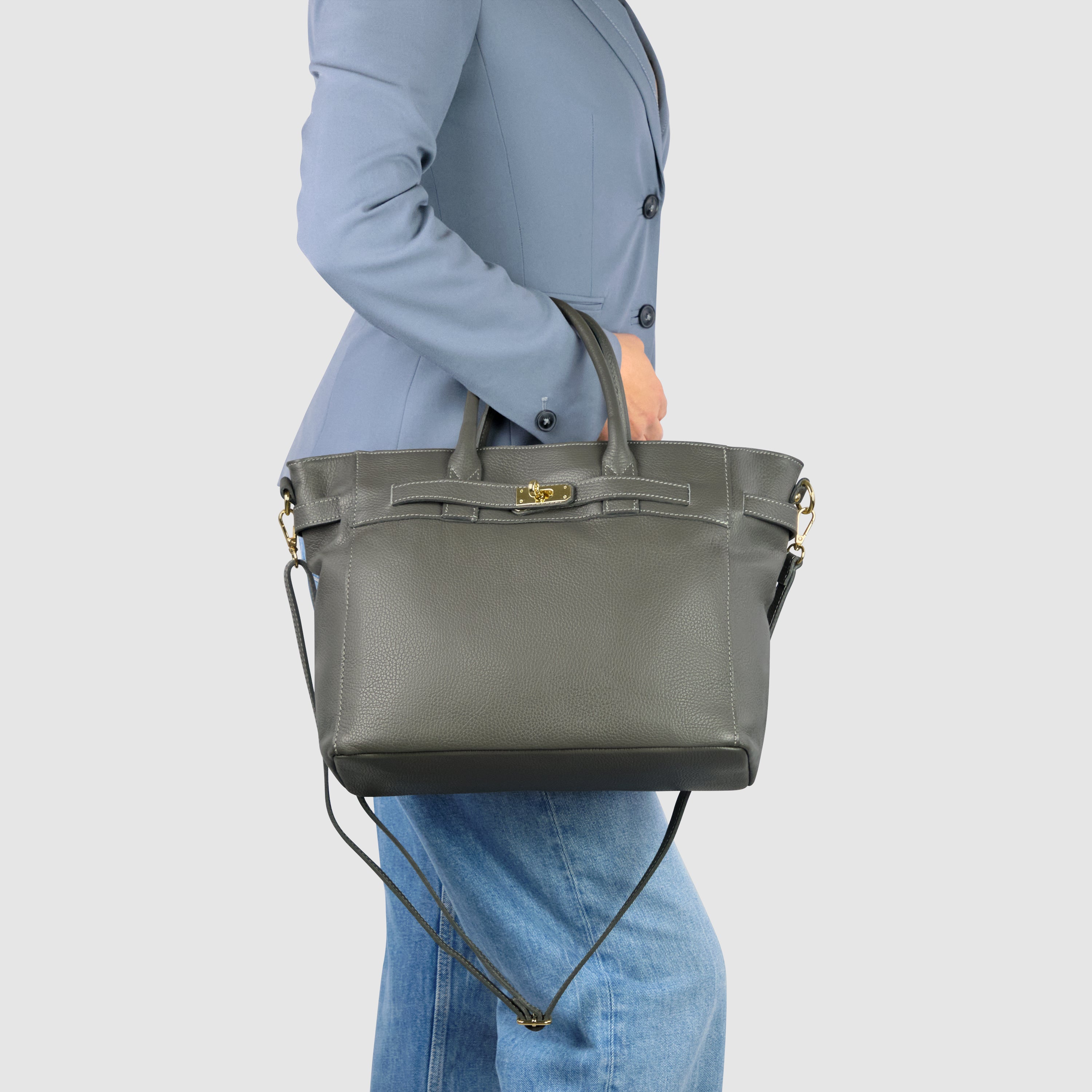 Italian Genuine Calf Leather Top-Handle Bag with Crossbody Strap