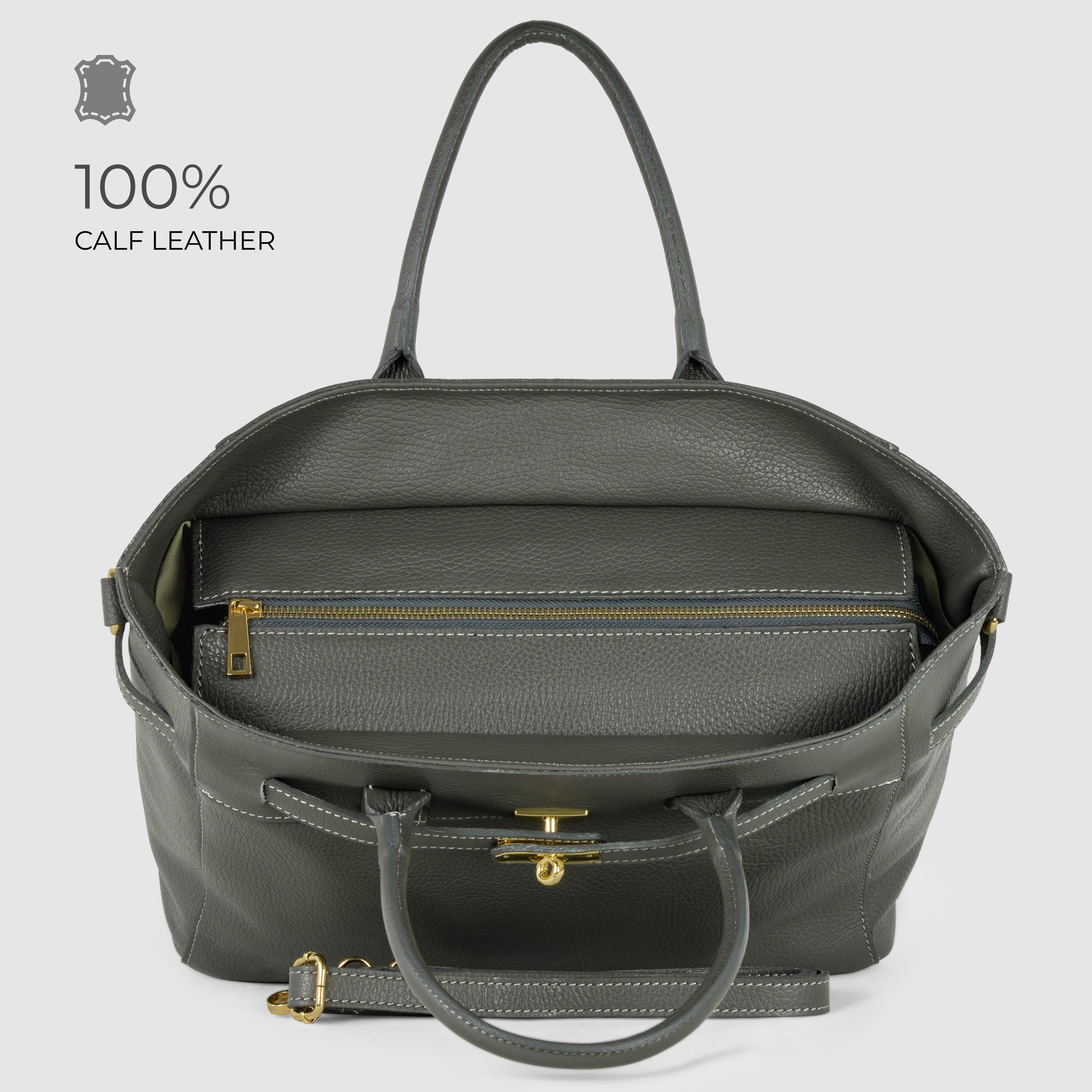 Italian Genuine Calf Leather Top-Handle Bag with Crossbody Strap