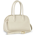 A structured Italian calf leather bag with top handles and a removable strap in beige and grey-green.