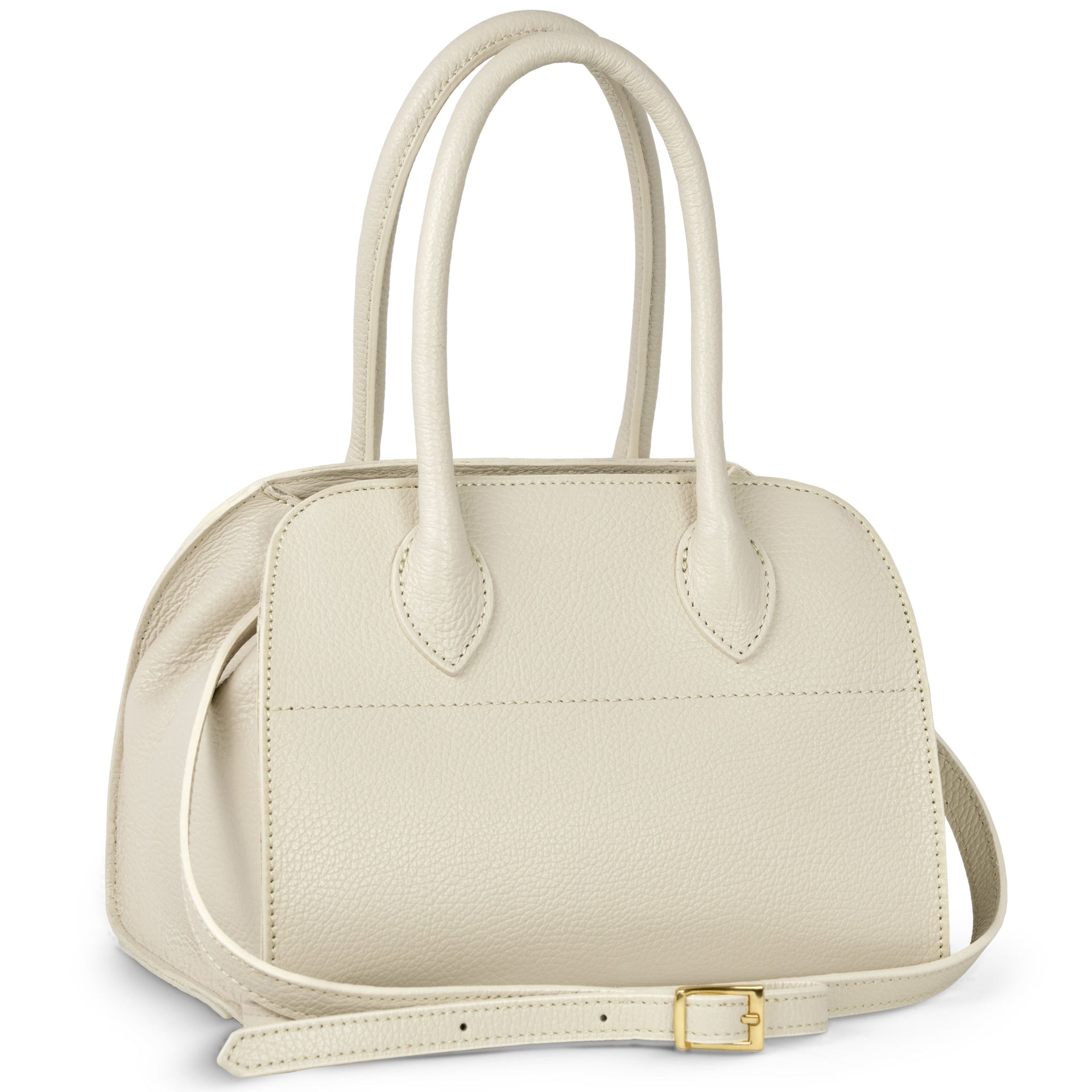 A structured Italian calf leather bag with top handles and a removable strap in beige and grey-green.