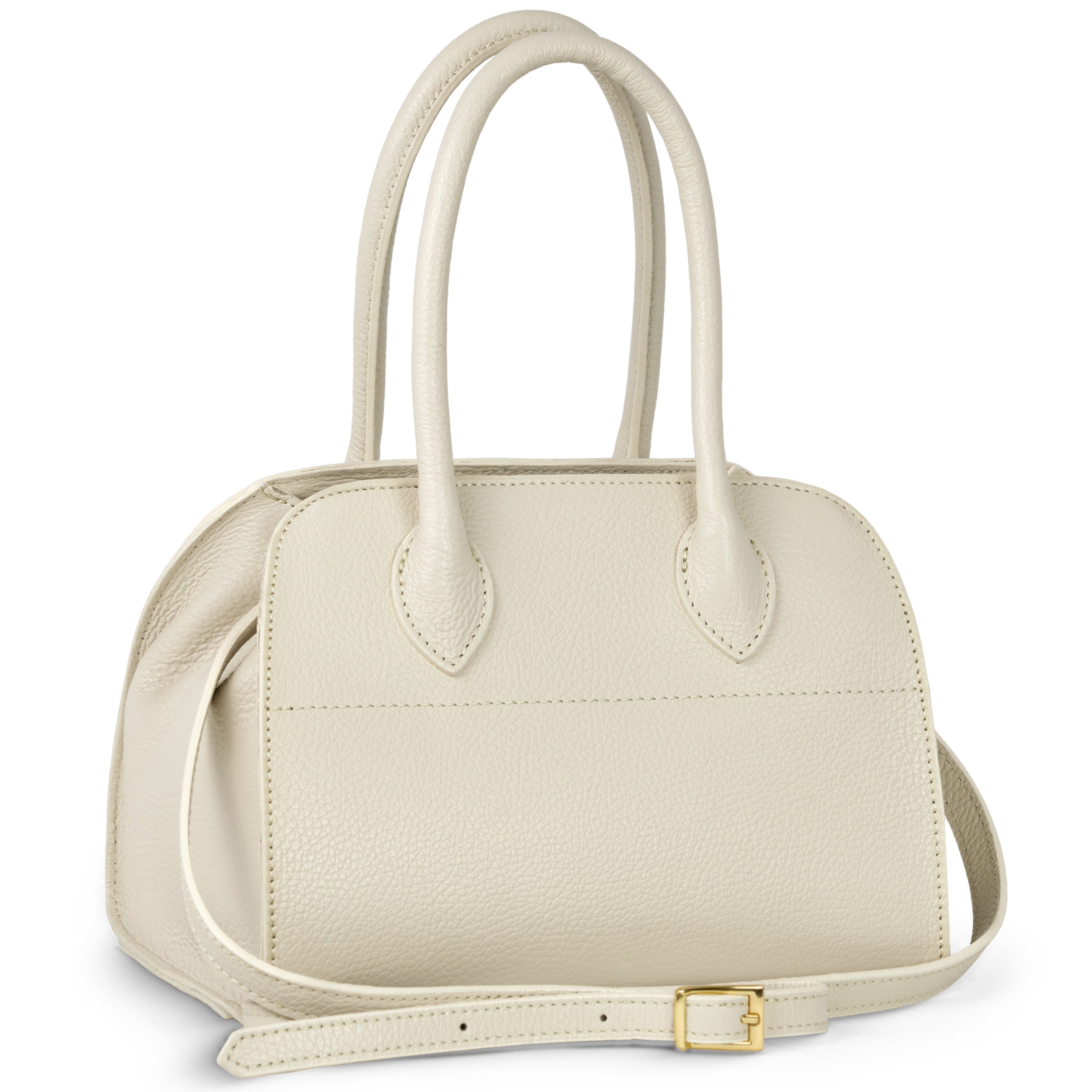 A structured Italian calf leather bag with top handles and a removable strap in beige and grey-green.