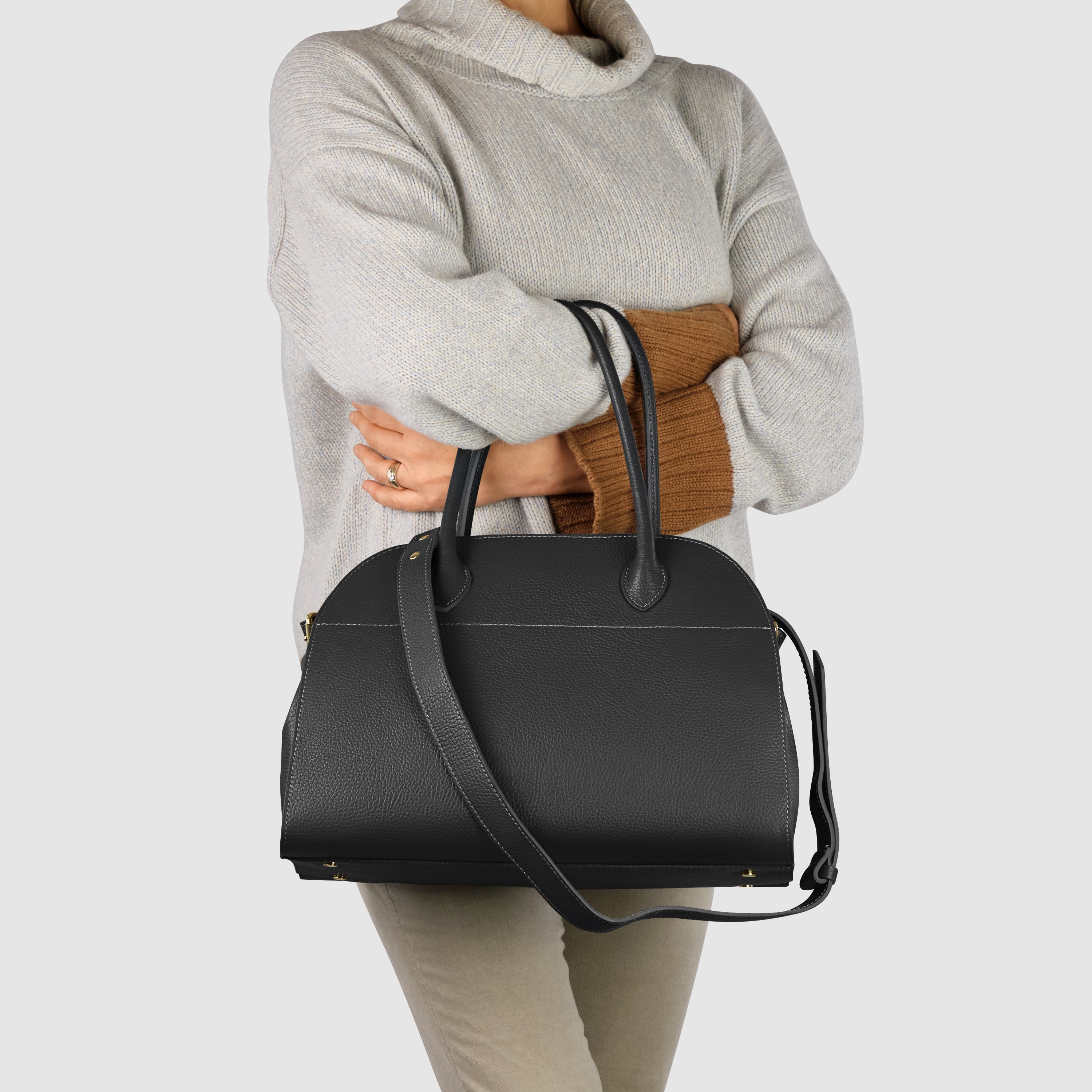 Italian Genuine Calf Leather Structured Top-Handle Bag