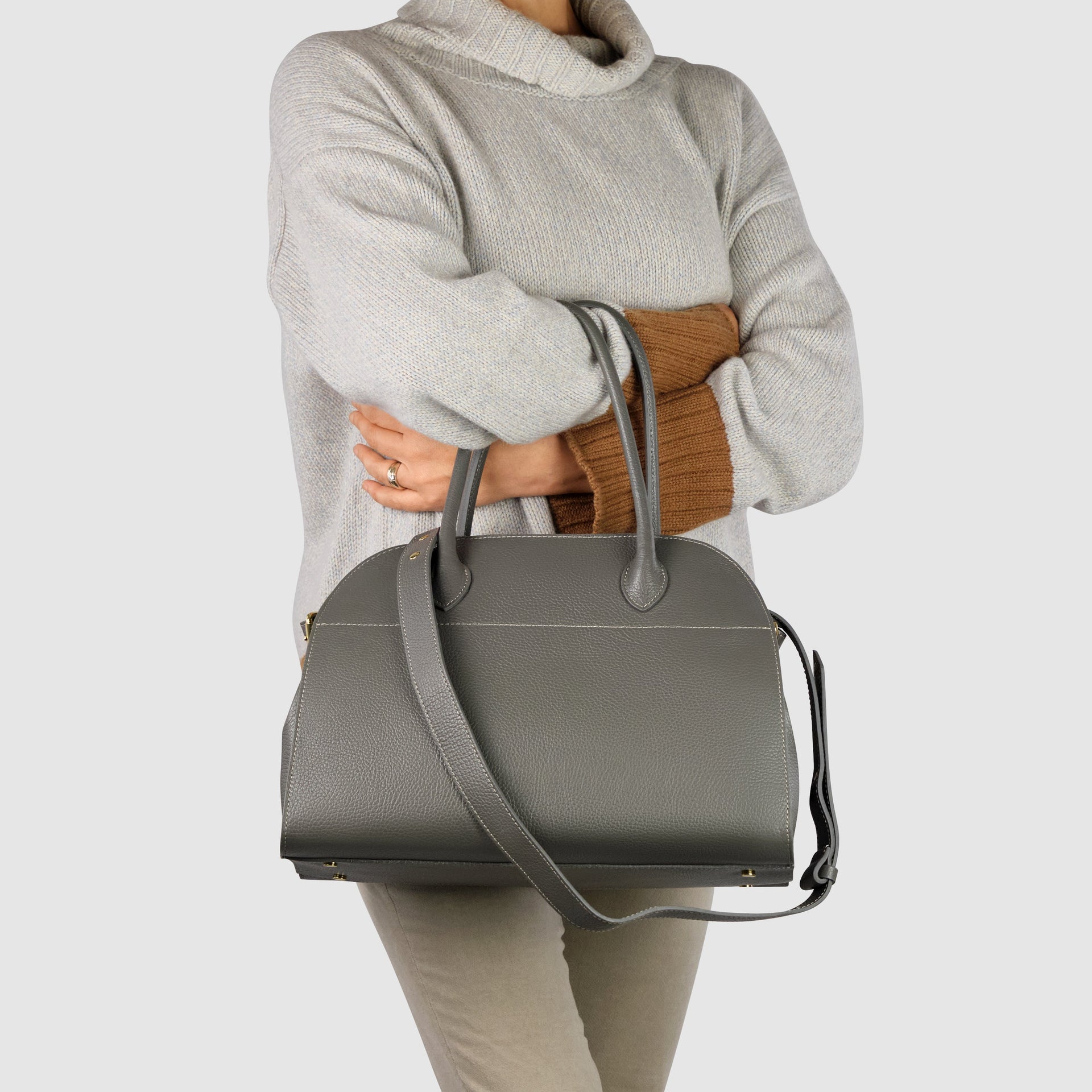 Italian Genuine Calf Leather Structured Top-Handle Bag