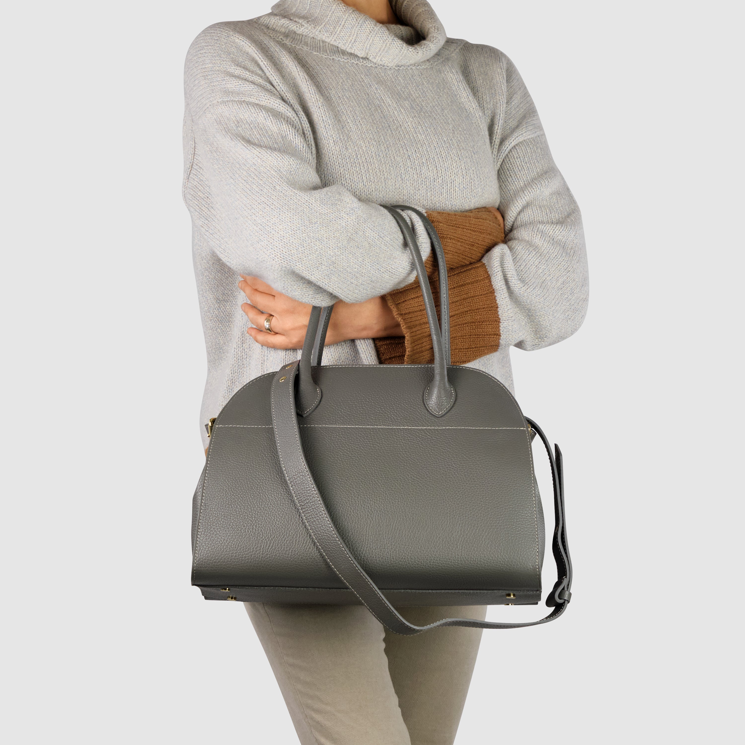 Italian Genuine Calf Leather Structured Top-Handle Bag