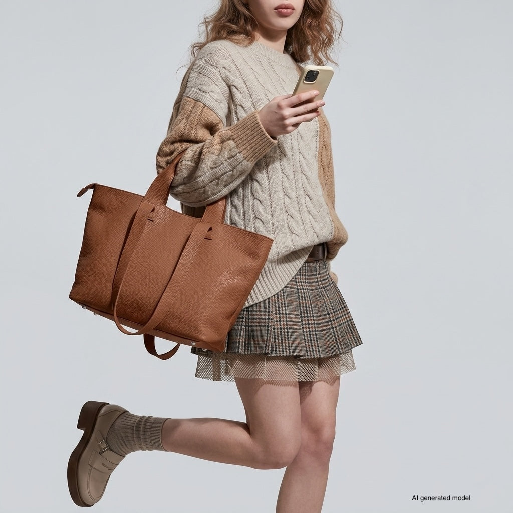 Italian Genuine Calf Leather Tote Bag in Professional Style