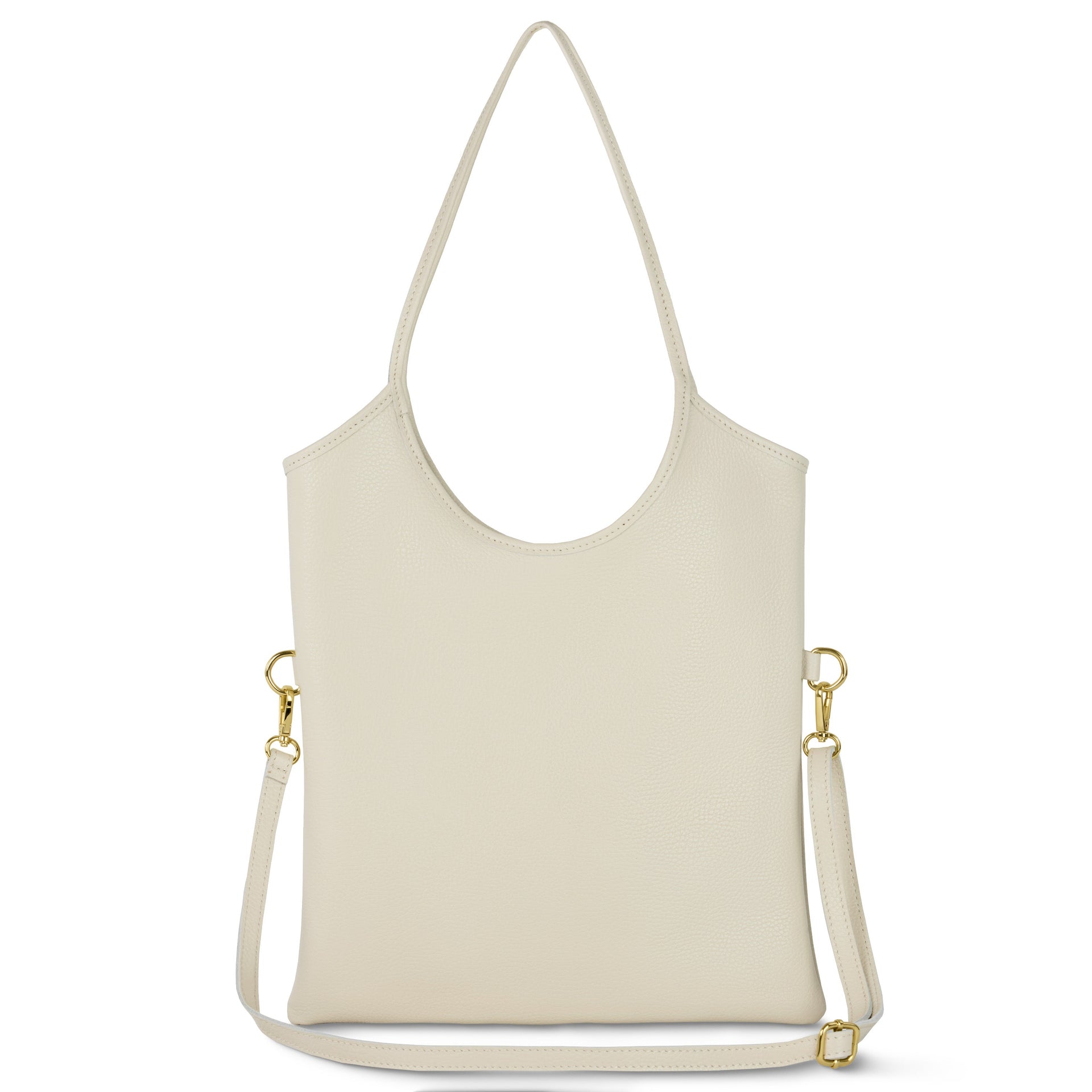 Medium vertical Italian calf leather tote bag with top handles and adjustable strap.