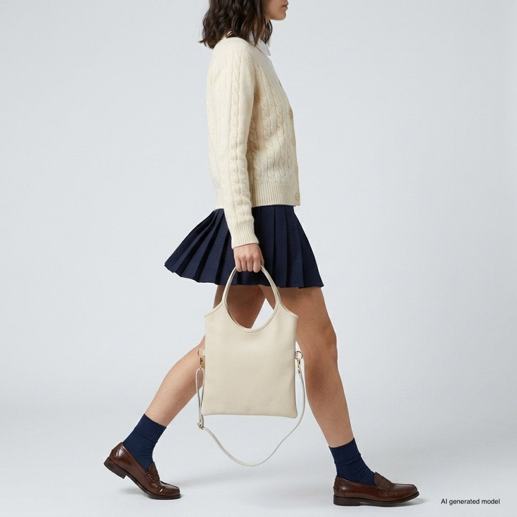 Italian Genuine Calf Leather Vertical Tote Bag with Crossbody Strap