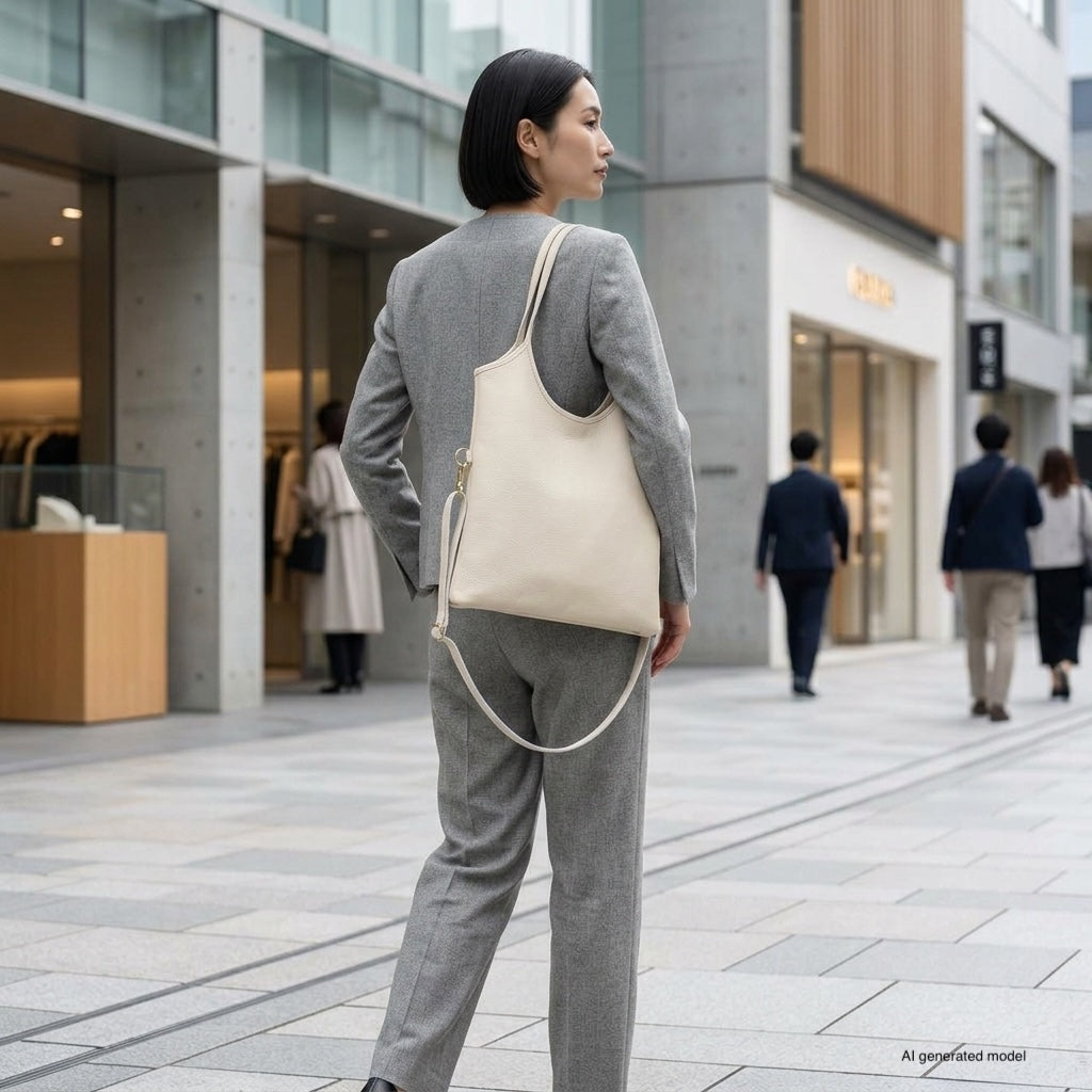 Italian Genuine Calf Leather Vertical Tote Bag with Crossbody Strap