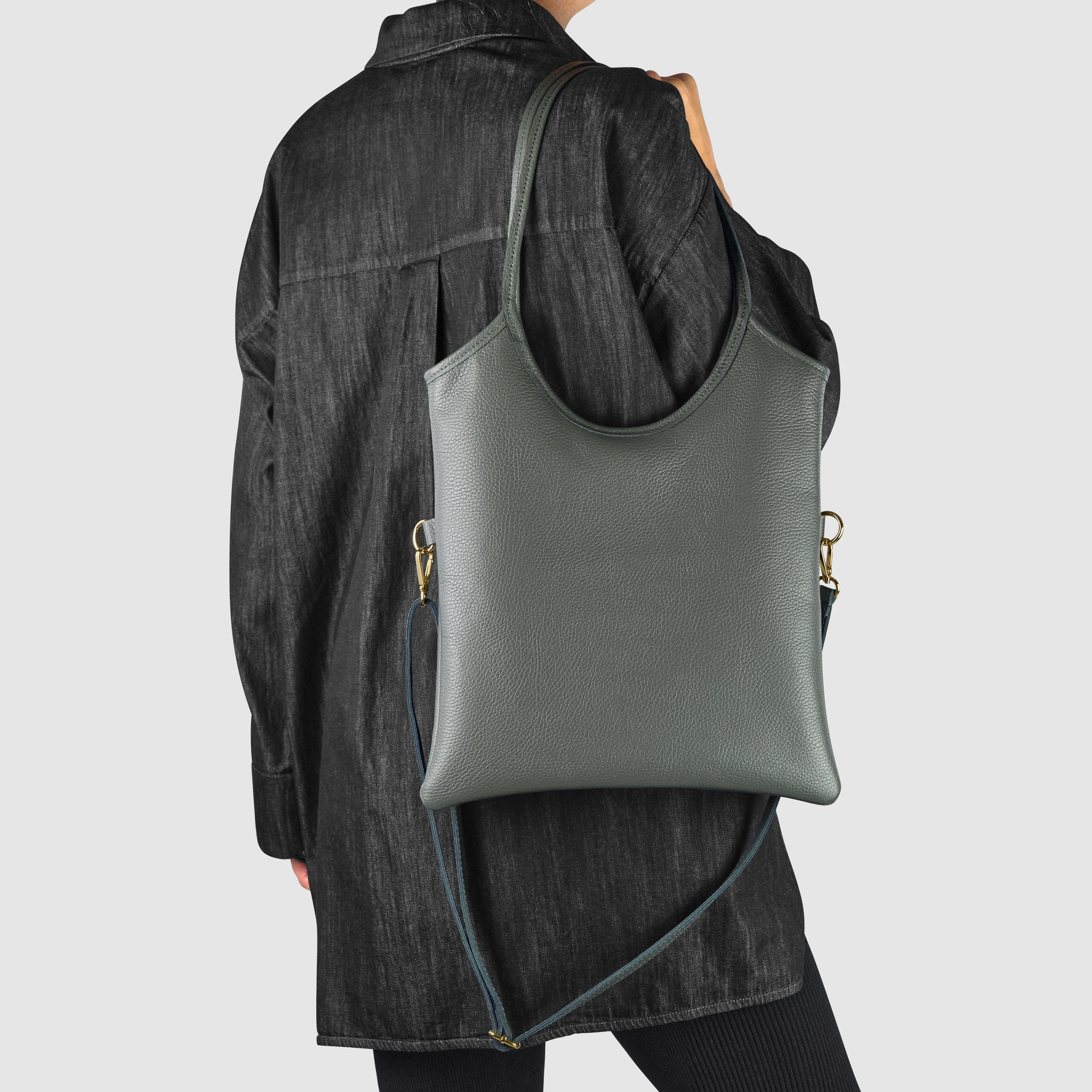 Italian Genuine Calf Leather Vertical Tote Bag with Crossbody Strap