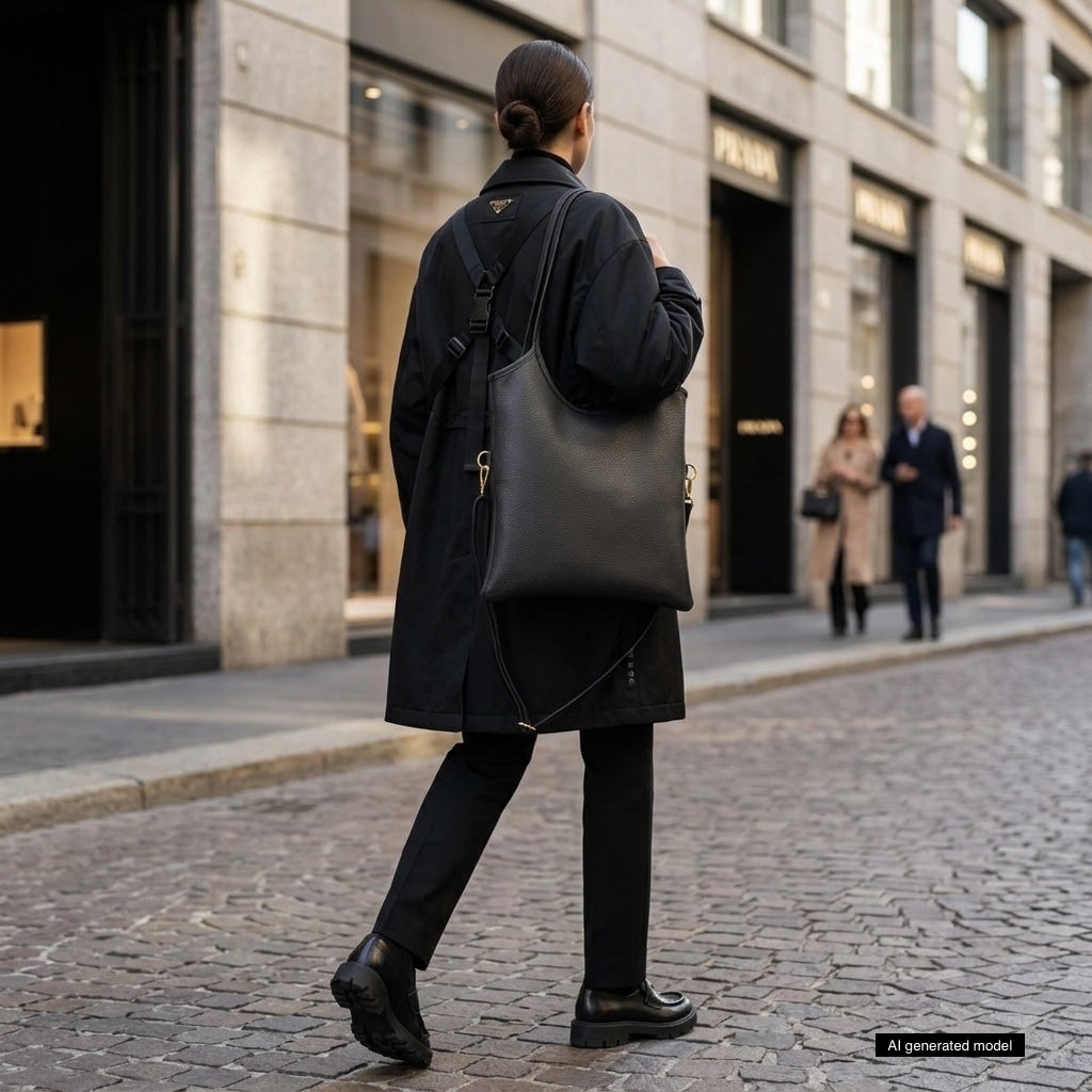 Italian Genuine Calf Leather Vertical Tote Bag with Crossbody Strap