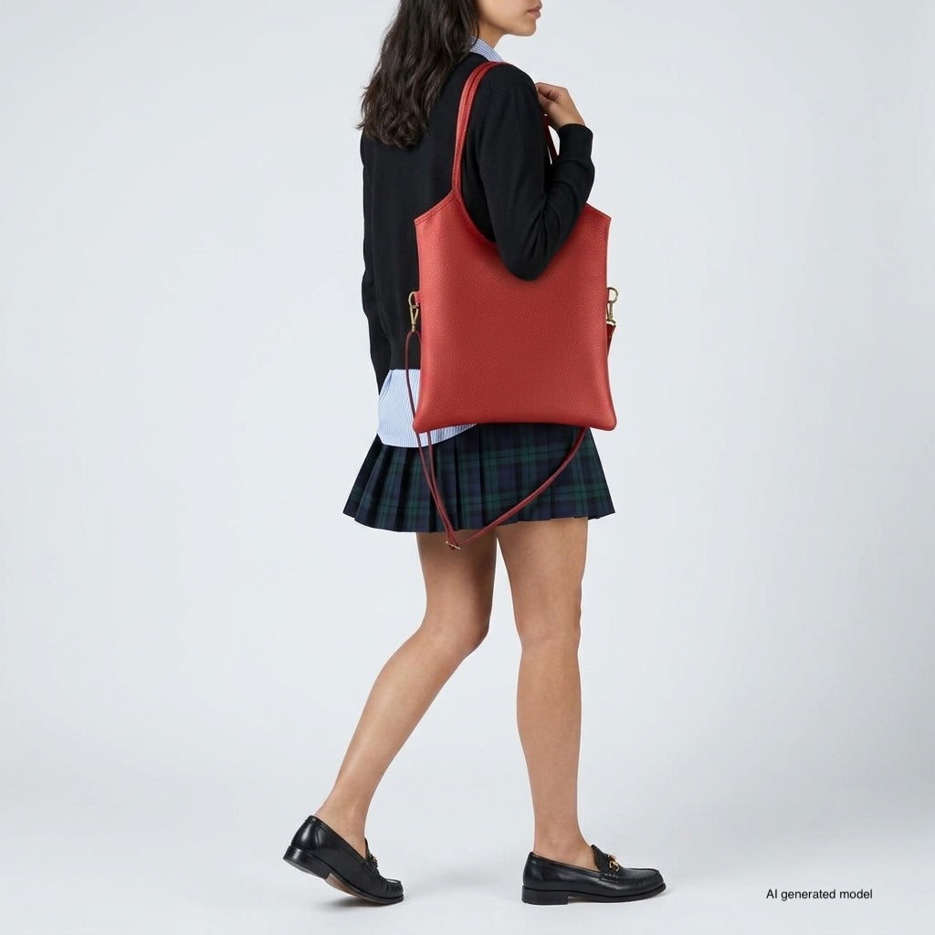 Italian Genuine Calf Leather Vertical Tote Bag with Crossbody Strap