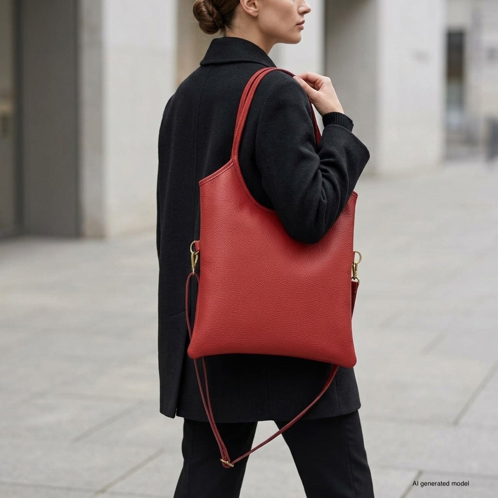 Italian Genuine Calf Leather Vertical Tote Bag with Crossbody Strap